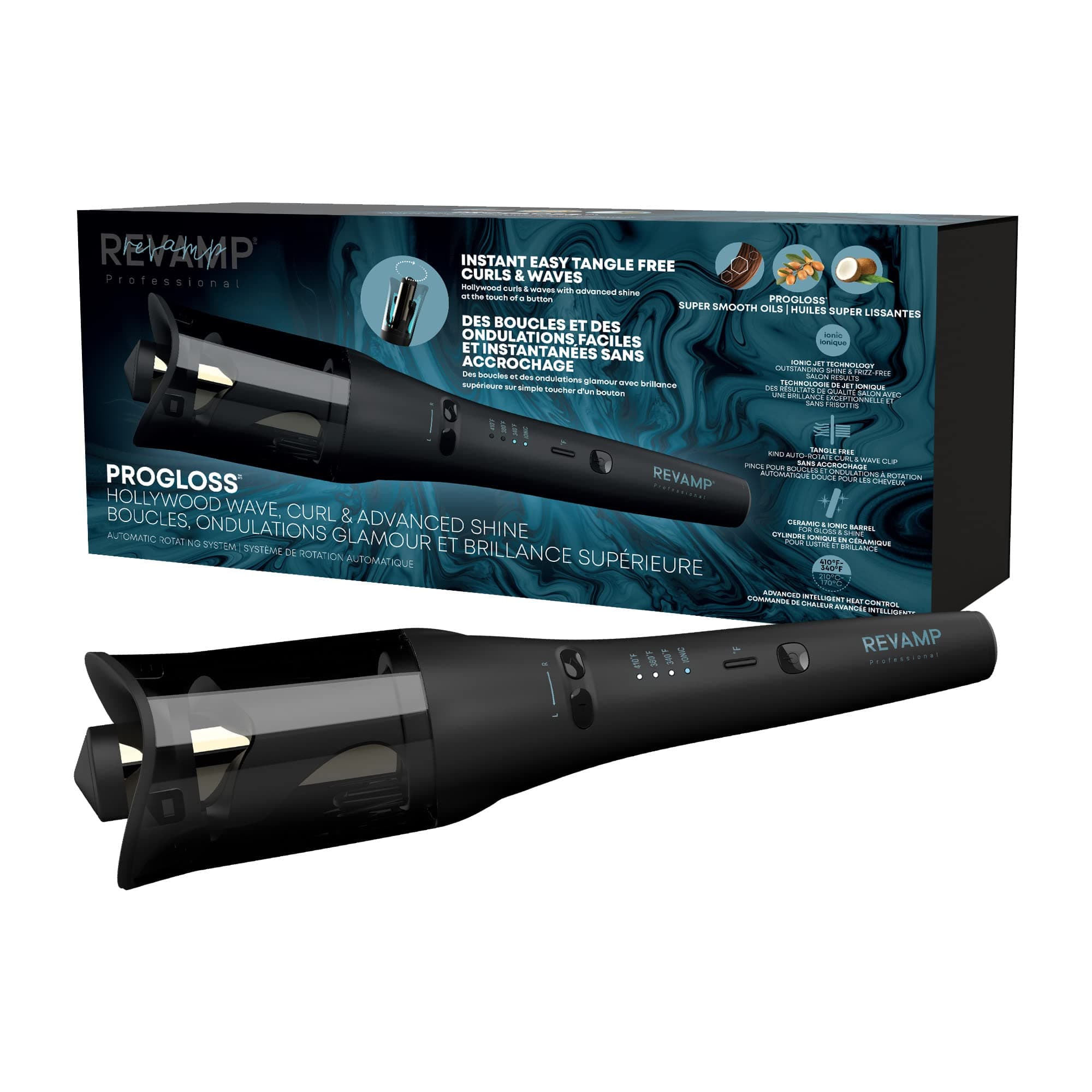 Progloss Hollywood Automatic Curling Iron – Advanced Shine Rotating Curling Iron with Hydrating Dual Ionic Jets, Ceramic Barrel Infused with Progloss Oils for Frizz-Free Shine 1 inch