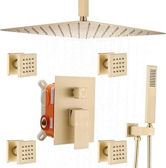 Enga Brushed Gold Rain Shower System with 4 Body Shower Jets 12inch Ceiling Mount Rainfall Shower Head & Handheld, Multi Shower Head System Rain Shower Faucets sets Combo with Rough-in Valve