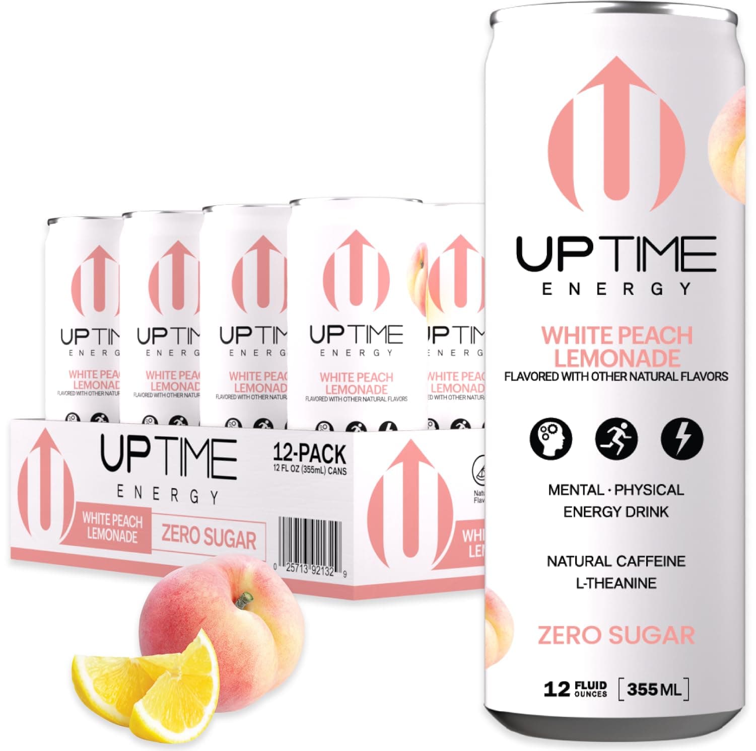 UPTIME – White Peach Lemonade – Zero Sugar (12 Pack), Premium Energy Drink, 12oz Bottles, Natural Caffeine, Sparkling, Natural Flavors, 5 Calories