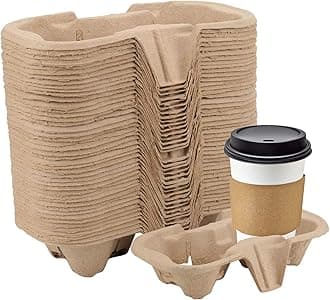 HOZEON 100 Pack 2-Cup Pulp Fiber Drink Carrier, to Go Coffee Cup Holder, Disposable Drink Carrier Tray for Hot or Cold Drinks, Coffee Shops, Takeaway Shops, Restaurants,Grocery Stores, Juice Bars