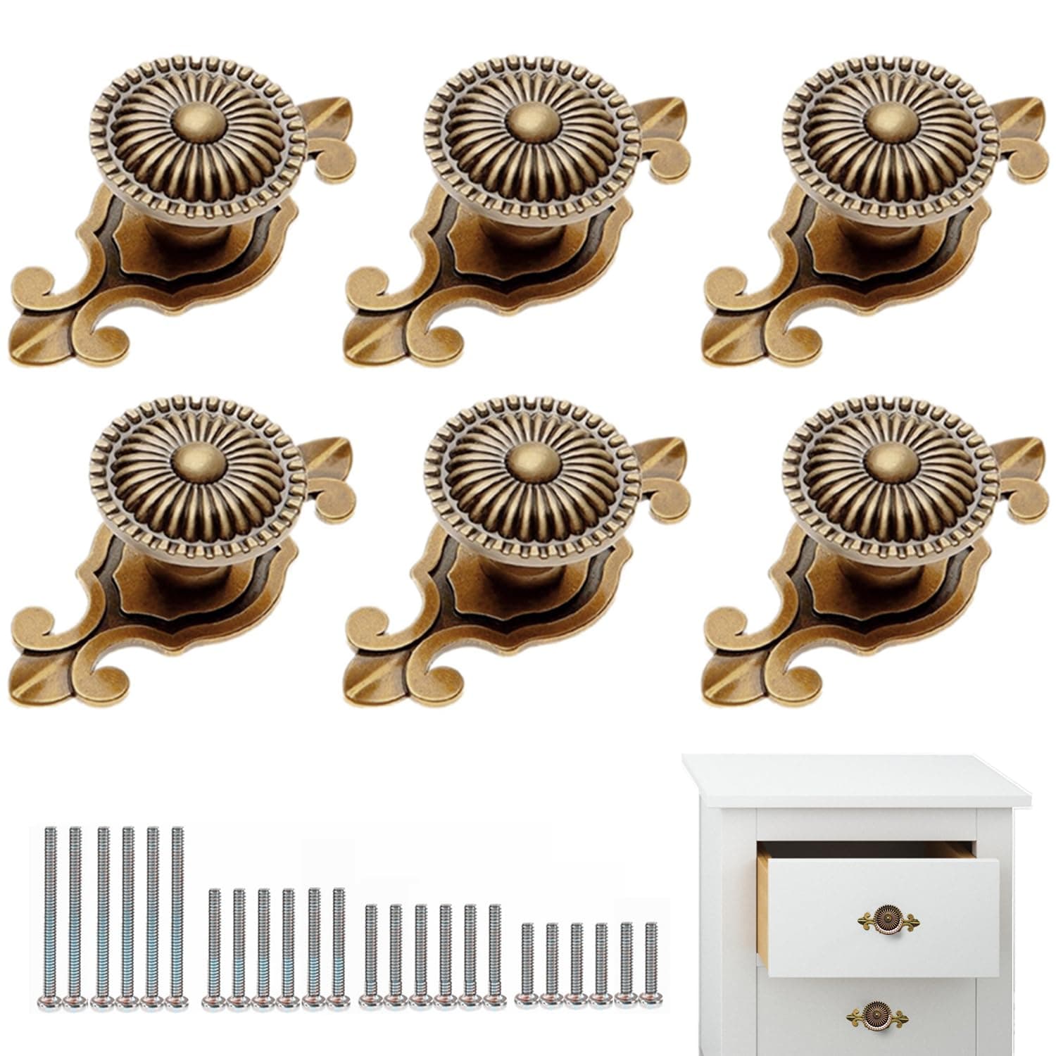 Vintage Style Round Drawer Knobs Dresser Cabinet Cupboard Wardrobe Pull Handles Door Knobs for DIY with Screws, Pack of 6, Golden Antique Brass