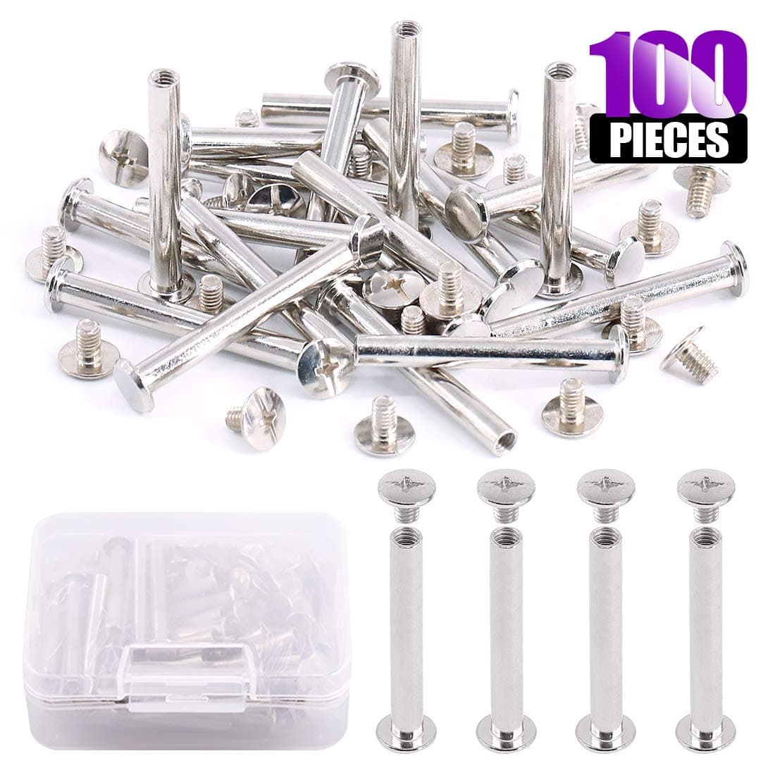Swpeet 50Sets M5x40mm Silver Chicago Binding Screws Kit, Assembling Bolt Screw Fastener Nail Rivets Metal Round Cross Head Stud Screw Posts Button for DIY Leather Decoration Bookbinding