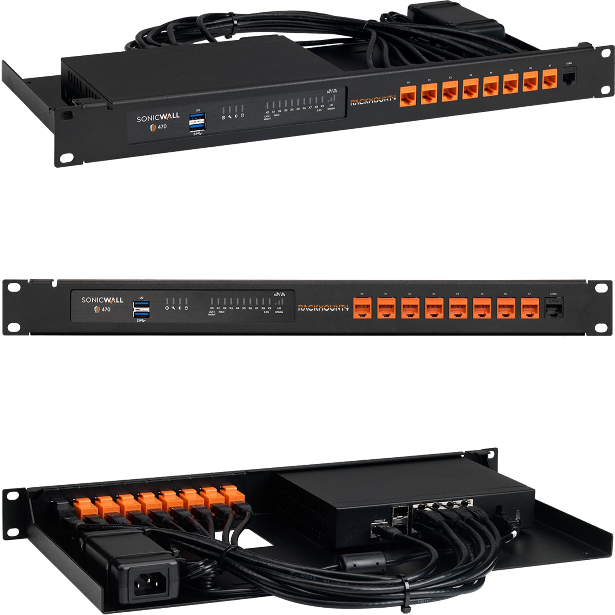 Rackmount.IT RM-SW-T10 Rack Mount Kit for SonicWall TZ270, TZ370, and TZ470 Firewalls – 1U, Front Ports, Black Steel (RM-SW-T10)