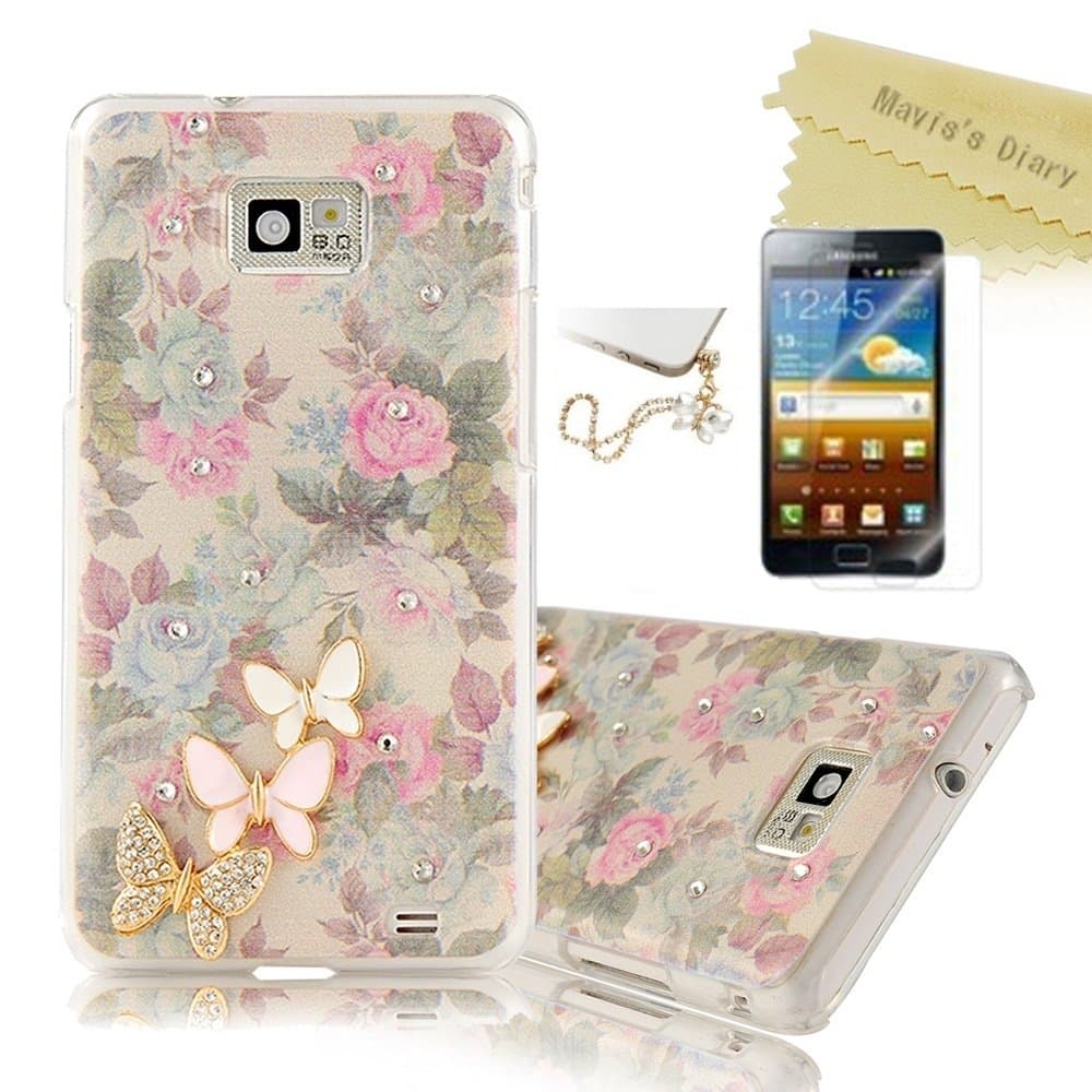 (Not fit for Sprint,T-mobile Version)S2 Case, Galaxy S2 Case - Mavis's Diary 3D Handmade Bling Crystal Cute Butterfly Sparkle Glitter Pink Flowers Case Hard Cover for Samsung Galaxy S2 i9100 Galaxy S 2 II Plus I9105 International Version with Soft Clean Cloth (One Case&One Golden Bow-tie Pearl Pendent Dust Plug& HD Screen Protector)