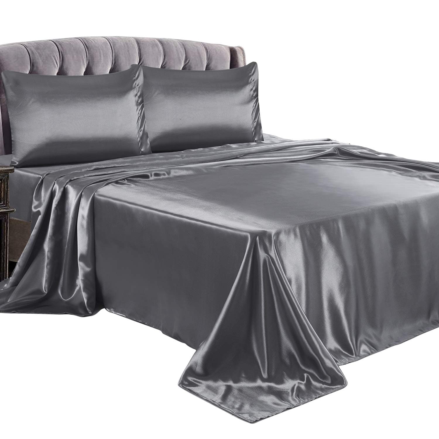LITHER Queen Size Satin Sheets Set Grey, Deep Pockets Fitted Sheet, Silky and Breathable Luxury Bed Sets