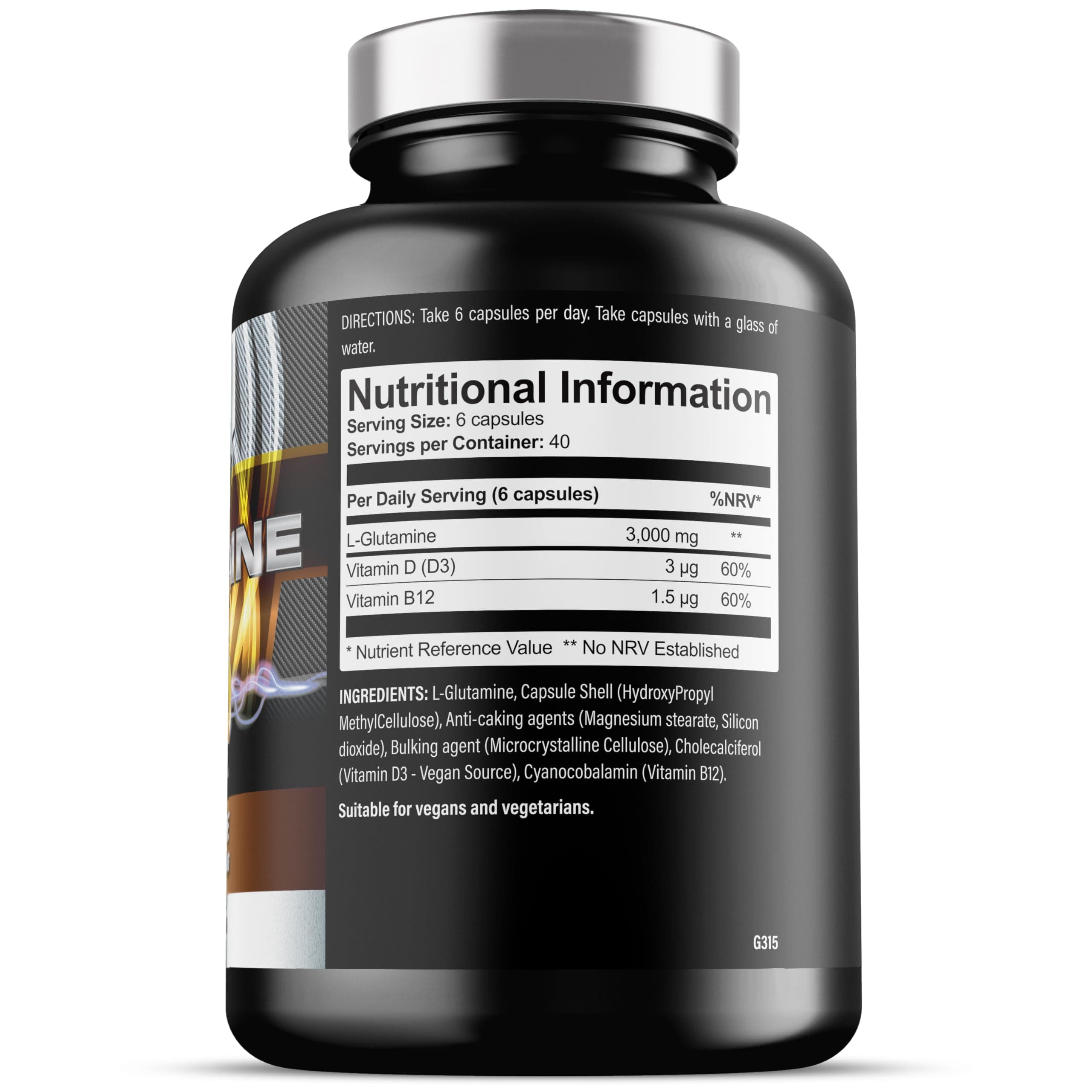 Glutamine - 3000mg L Glutamine Per Serving - Enhanced with D3 & B12 - Vegan and Vegetarian L-Glutamine (240 Capsules - 40 Servings)