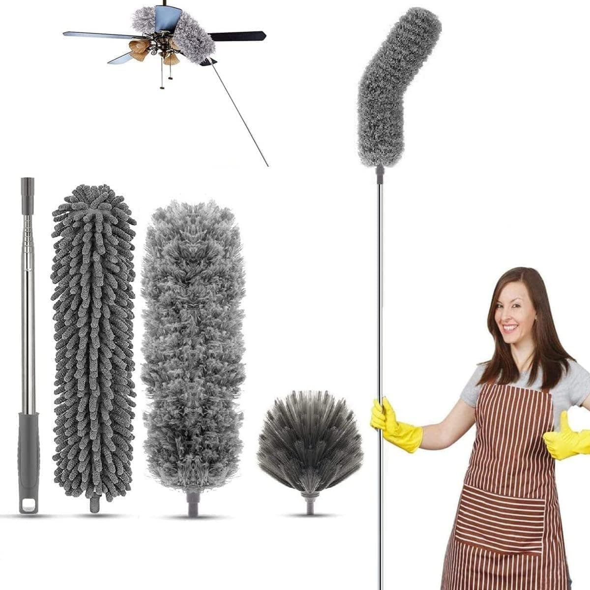 INCLUSSHOP® New 2025 Microfiber Feather Duster 4PCS - Extendable & Bendable Dusters with Long Extension Pole, Washable Lightweight Dusters for Cleaning Ceiling Fan (Twin Extra-Long)