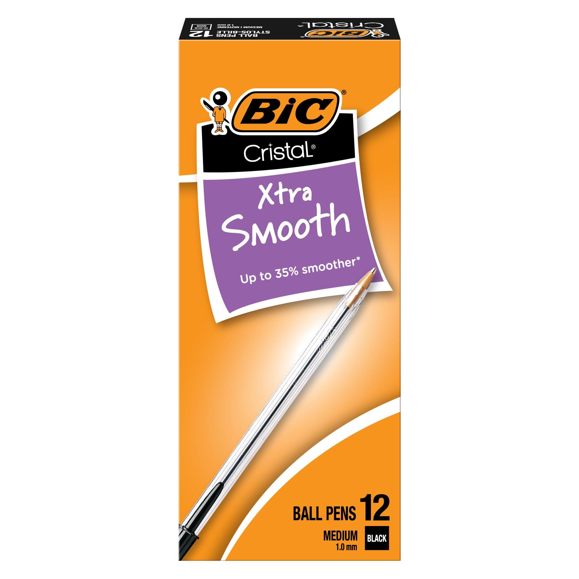 BIC Cristal Xtra Smooth Black Ballpoint Pens, Medium Point (1.0mm), 12-Count Pack, Extra Smooth and Reliable Ballpoint Pens