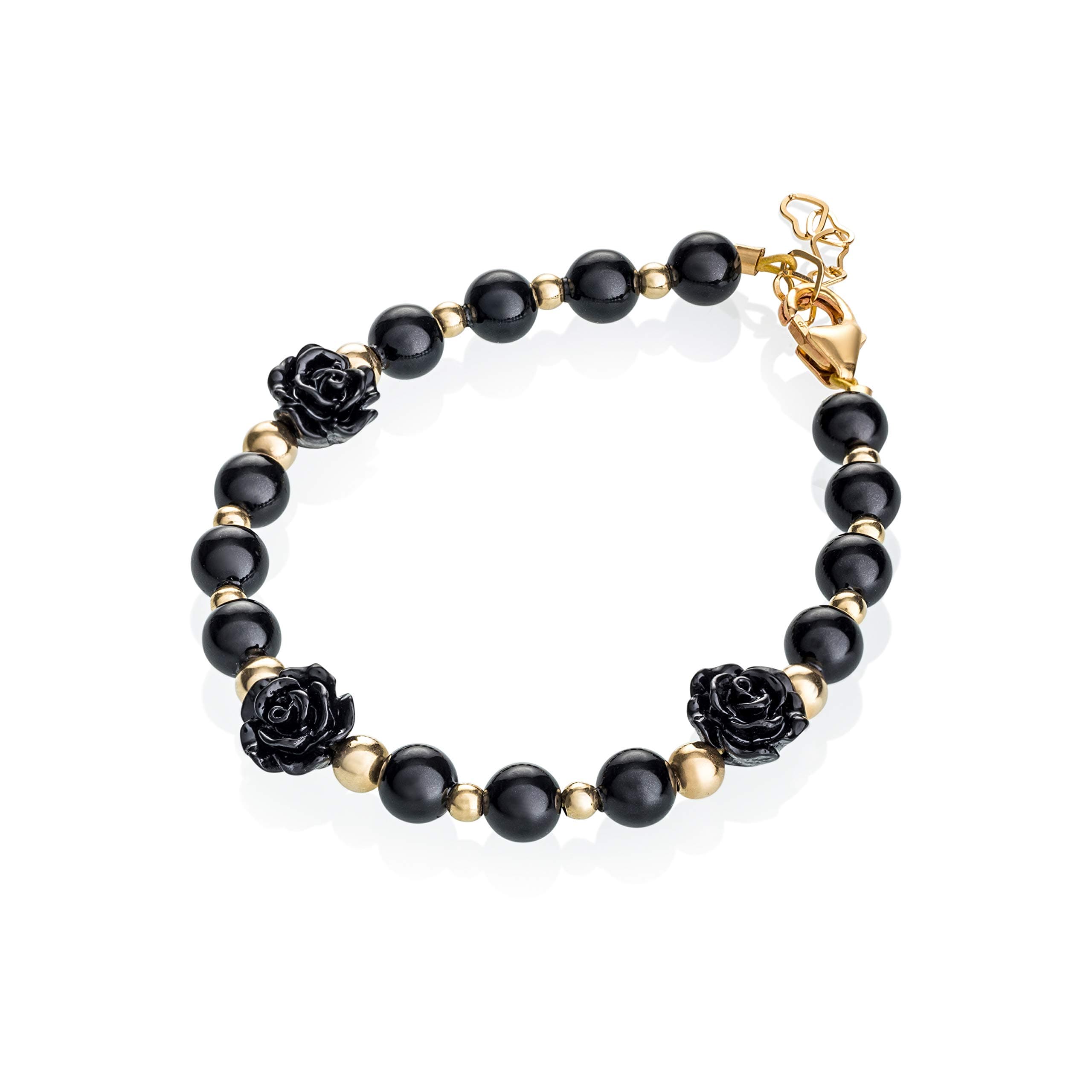 Crystal Dream Black Flower with Gold Filled Bead Spring Keepsake Preemie Girl Bracelet (B1725)