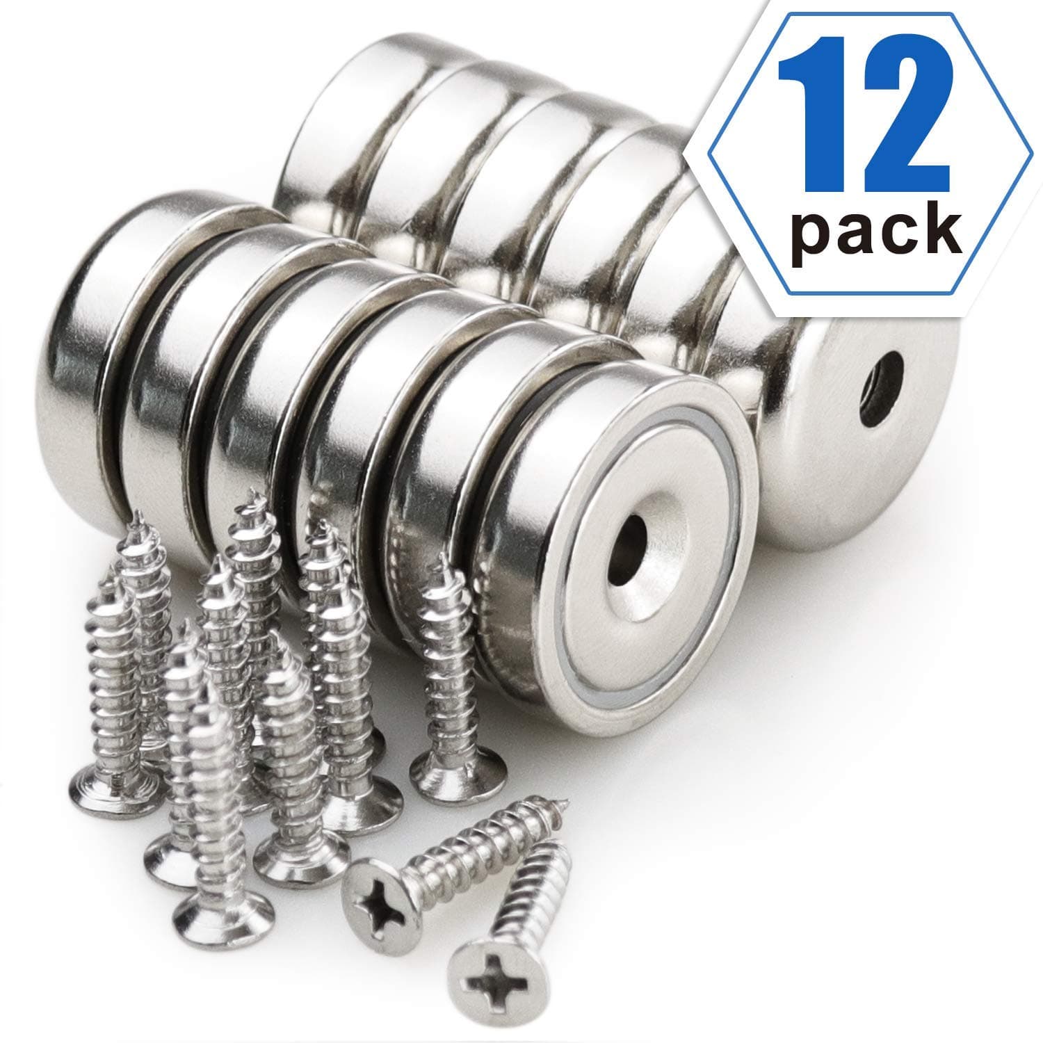 Neodymium Cup Magnets with 44 LBS Pull Capacity Matching Screws - Strongest Round Base Magnets