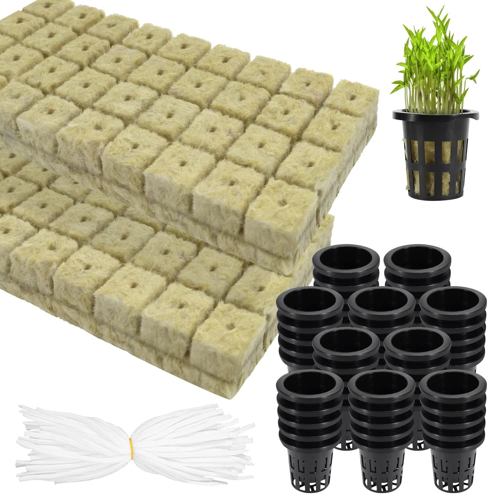 NALACAL Rockwool Cubes for Hydroponics with Net Pots, 1in Rock Wool Planting Cubes 72 Plugs & 1.5 inch 50 Net Cups, Plant Nursery Net Cups for Hydroponics, Self Watering Cotton Wick Cord