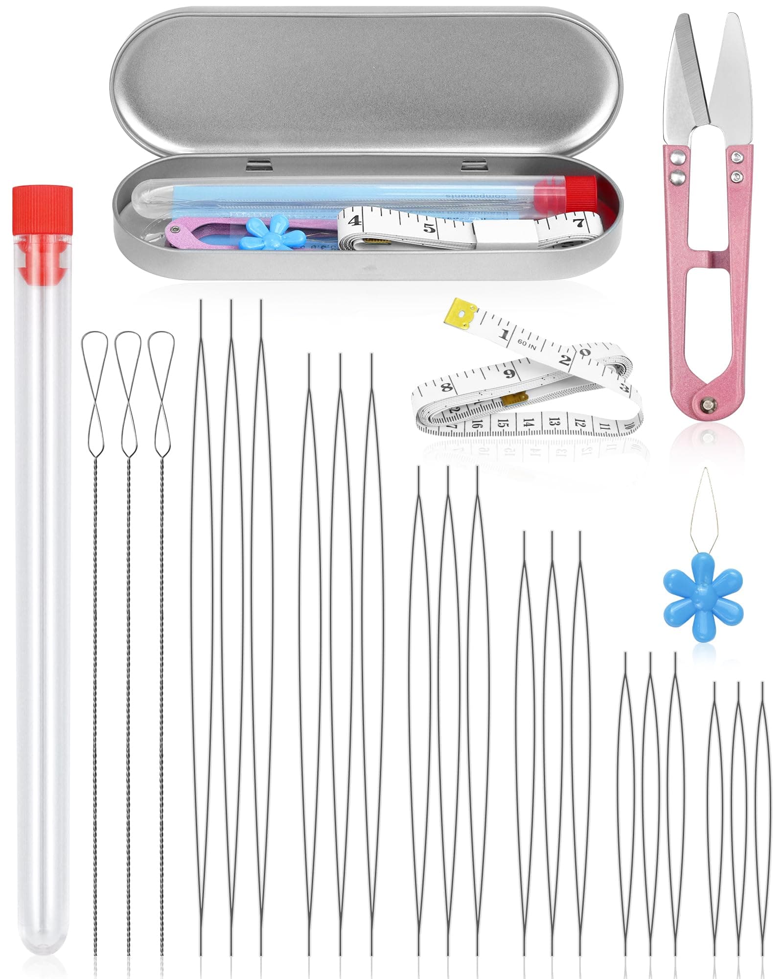 FIVEIZERO 21 Pieces Beading Needles Set, 6 Sizes Seed Beads Needles, Big Eye, Collapsible, Sliver Metal, Fine Point, For Jewelry Making, Decorating Clothing & Home Decor