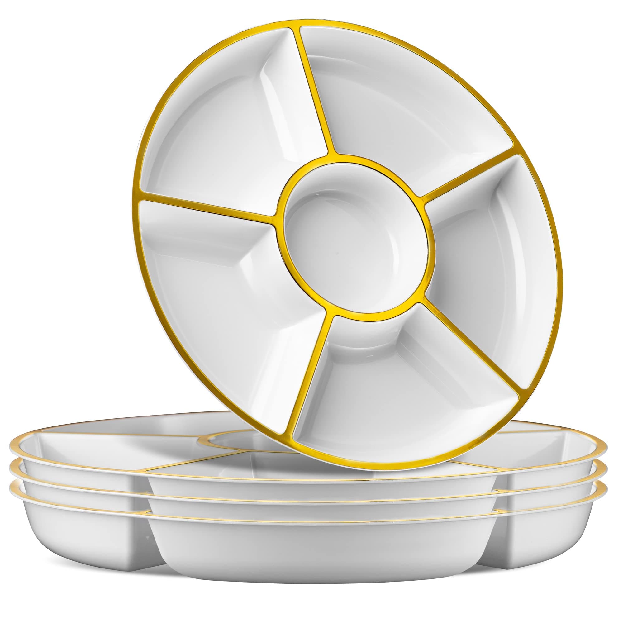PLASTICPRO6 Sectional Round Plastic Serving Tray/Platter, Serving Dishes (8, White & Gold)