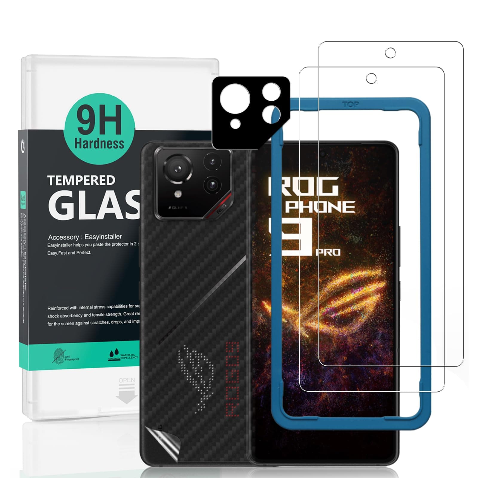 Ibywind 2 Pack Screen Protector For Asus ROG Phone 9 Pro 5G 6.78",9H Hardness Tempered Glass,With 1Pc Camera Lens Protector,1Pc Back Carbon Fiber Film,Easy to install