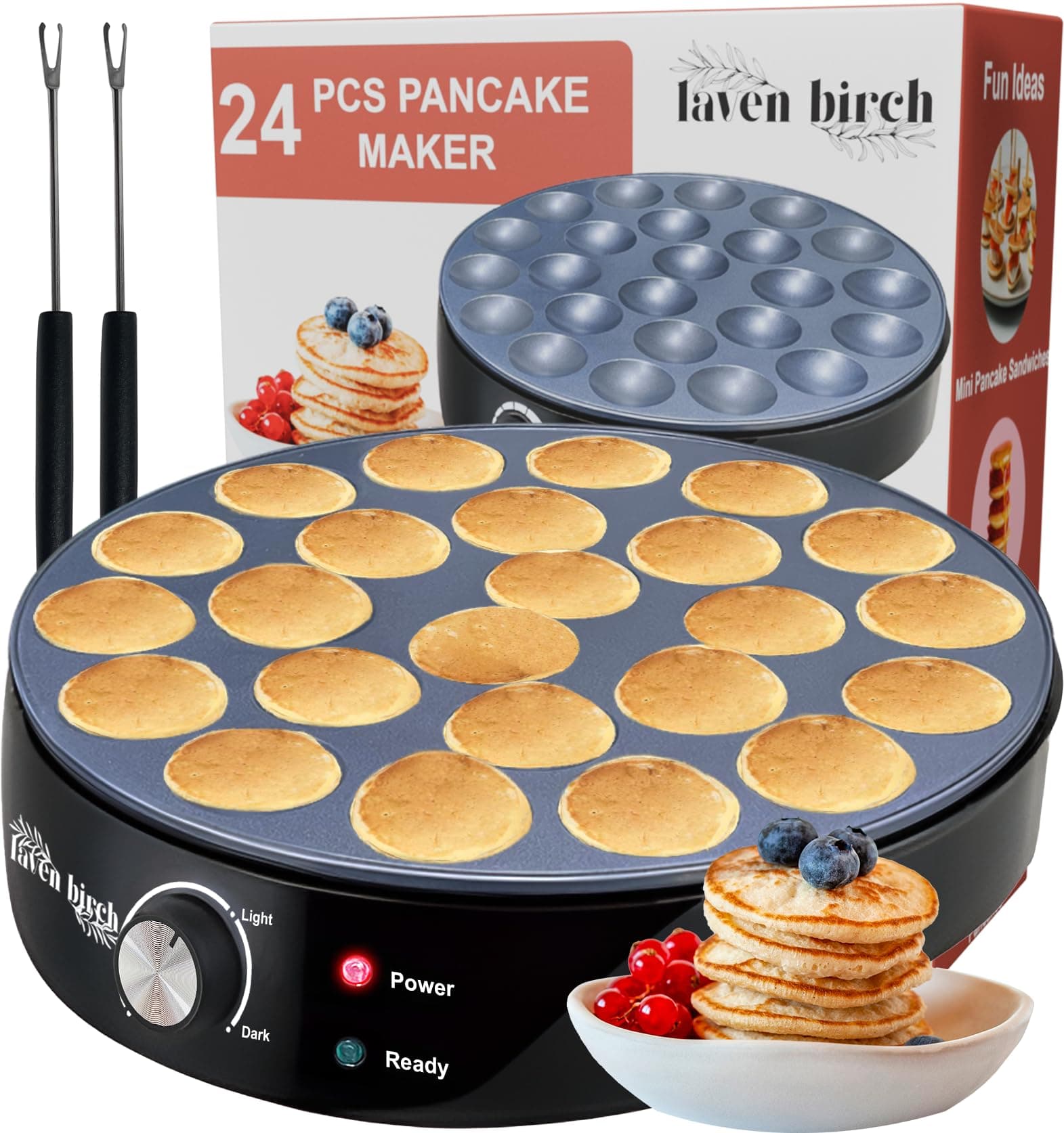 24PCS Mini Pancake Maker Machine, Nonstick Electric Dutch Pancakes Griddle, Adjustable Heat Multi-Use Poffertjes Pan, Simple & Easy Baker for Home and Restaurants, Perfect for Breakfast & Desserts