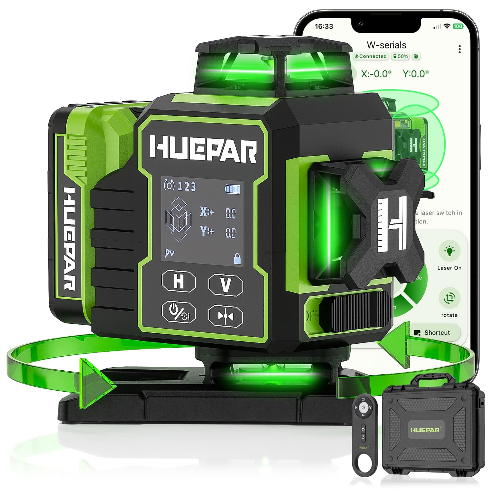 Huepar Laser Level 360 Self Leveling, W04CG Upgraded 4x360° Bluetooth Construction Lazer Leveler Tool with Electric Rotating Base ＆ Large LCD Screen, 4D 16 Lines Green Cross Laser Level