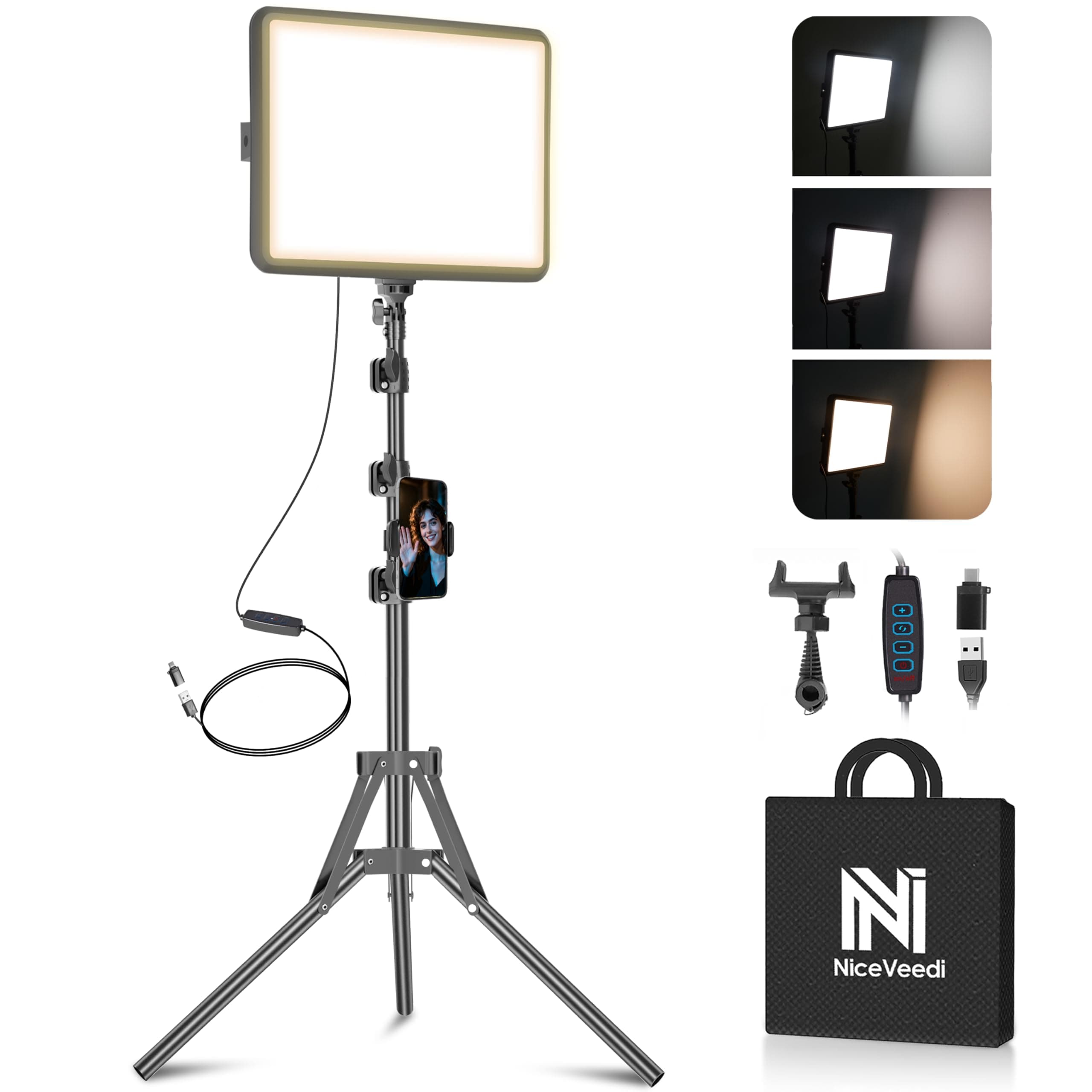 1-Pack LED Video Light Kit, NiceVeedi Photography Lighting Kit, 2800-6500K Dimmable Studio Light with Tripod Stand & Phone Holder, 73" Stream Light for Video Recording, Game Streaming, YouTube