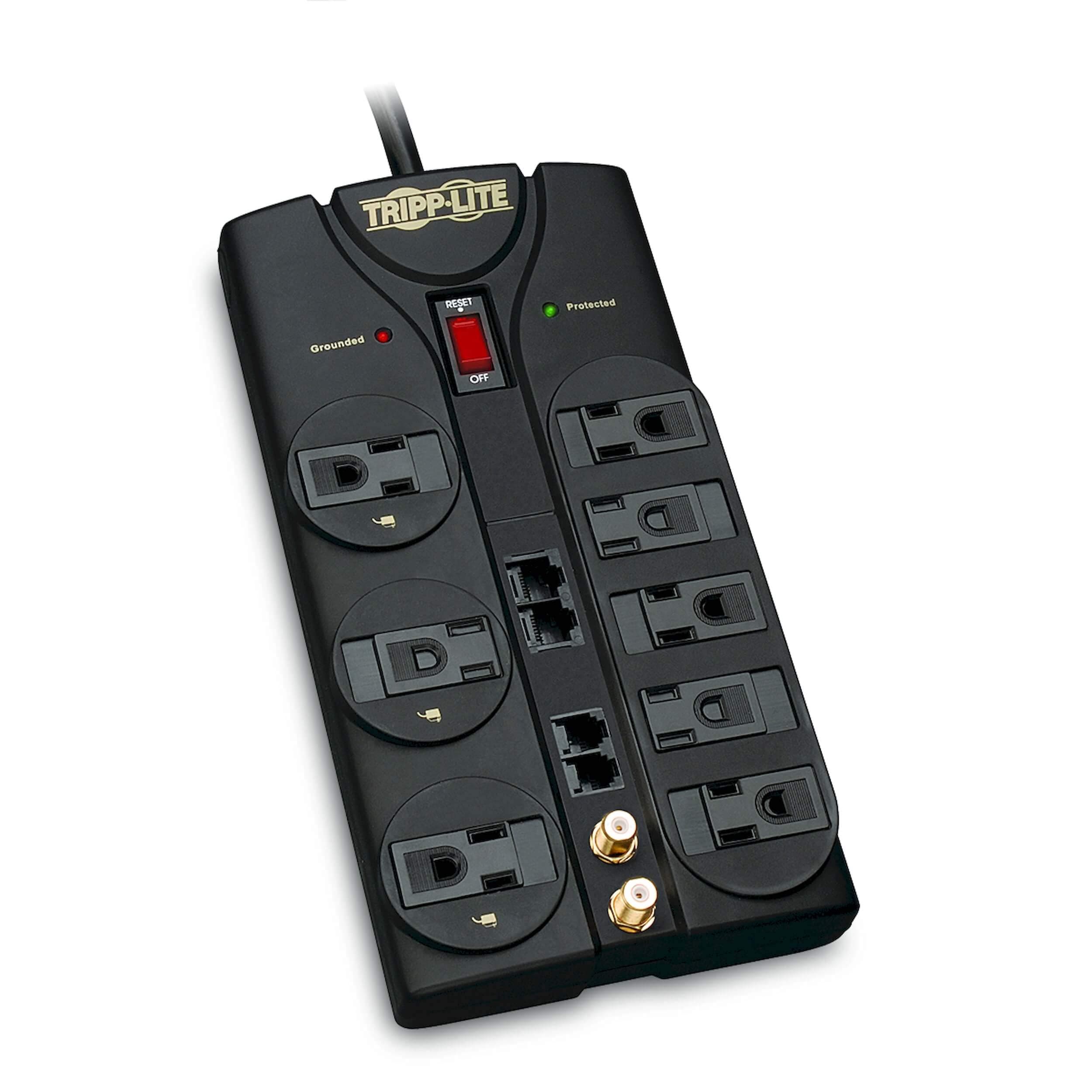 8 Outlet Surge Protector Power Strip, 10ft Cord, Right-Angle Plug, Tel/Modem/Coax/Ethernet Protection, RJ11, RJ45, & $250,000 INSURANCE (TLP810NET) Grey