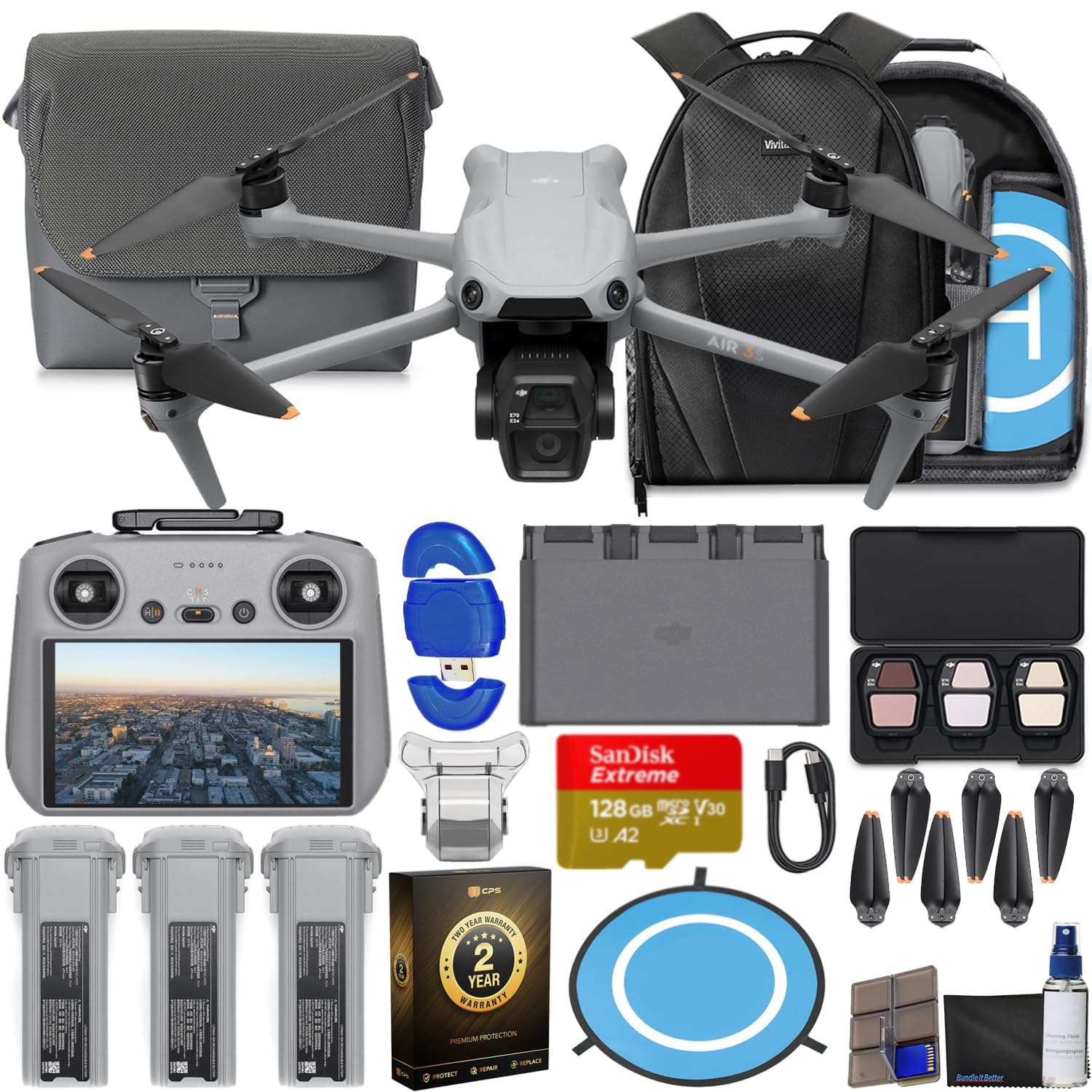DJI Air 3S Drone with RC 2 Fly More Combo (with Screen) 4K HDR, 45-Min Max Flight Time Bundle with 128GB Memory, Landing Pad, Backpack, Lens Cleaning Kit and More