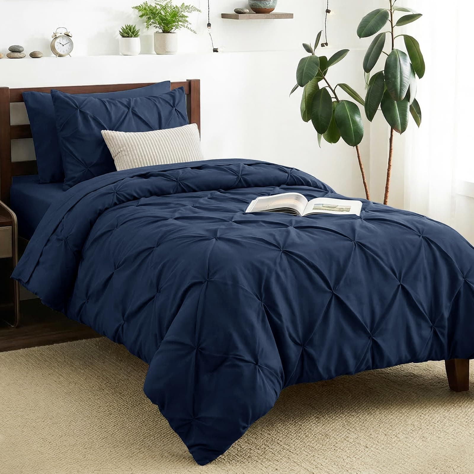 CozyLux Twin Comforter Set with Sheets Navy Blue, 5 Pieces Pintuck Bed in A Bag, Twin Bed Set Gift for Family, Pinch Pleat Bedding Set with Comforter, Sheets, Pillowcase & Sham