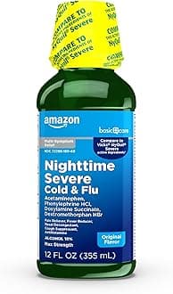 Nighttime Severe Cold and Flu Syrup, Max Strength Liquid Medicine for Cough, Sore Throat, Nasal Congestion, Pain Reliever, Fever Reducer, Original, 12 fl oz