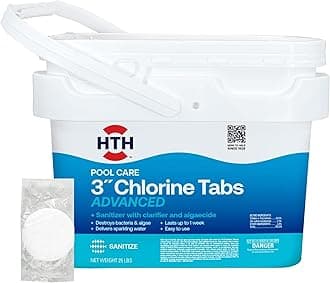 HTH 42055W Pool Care 3" Chlorine Tabs Advanced, Individually Wrapped Tablets - Swimming Pool Sanitizer with Clarifier & Algaecide, Destroys Bacteria & Algae, Delivers Clear Water All Season, 25 lbs