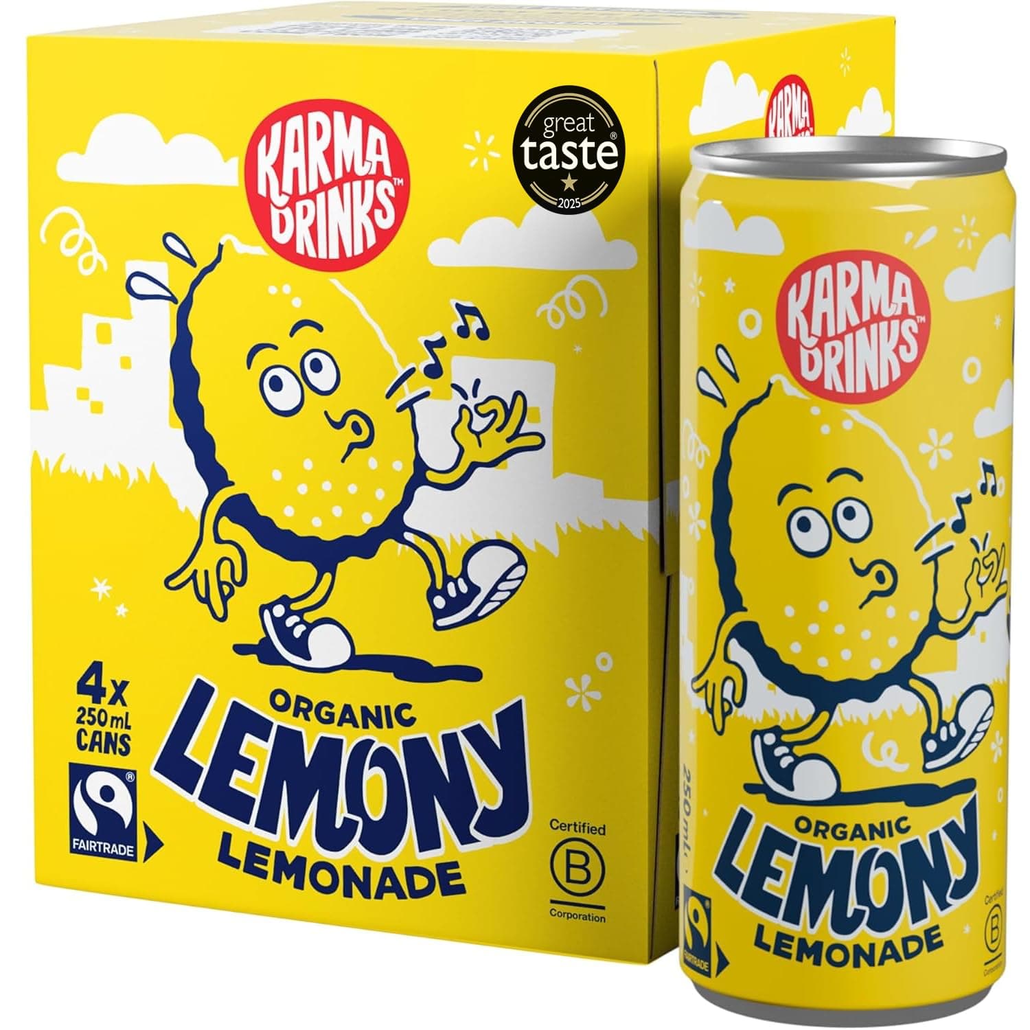 Lemony Lemonade - 4 x 250ml Cans - Natural Fizzy Soft Drinks, Fairtrade, Organic & Vegan