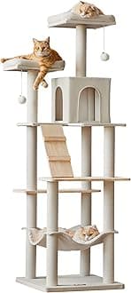 Large Modern Cat Tree, 70.1-Inch Wood Cat Tower for Indoor Cats, Multi-Level Tall Cat Condo with 2 Padded Perches, Hammock, Scratching Posts, Dangling Toys, Beige