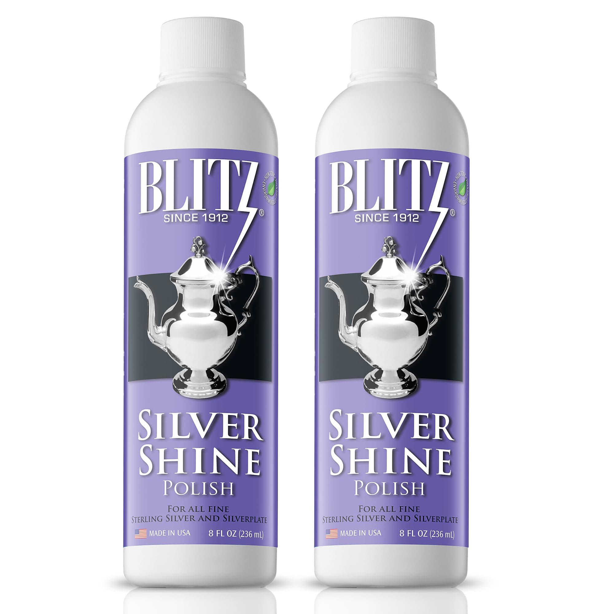 Blitz Silver Shine Polish Liquid Silver Polish for Sterling and Silverplate Jewelry, Dishes, Flatware, Fixtures, & Decor Non-Toxic, Non-Abrasive, & Planet Friendly Made in The USA 8oz Pack of 2