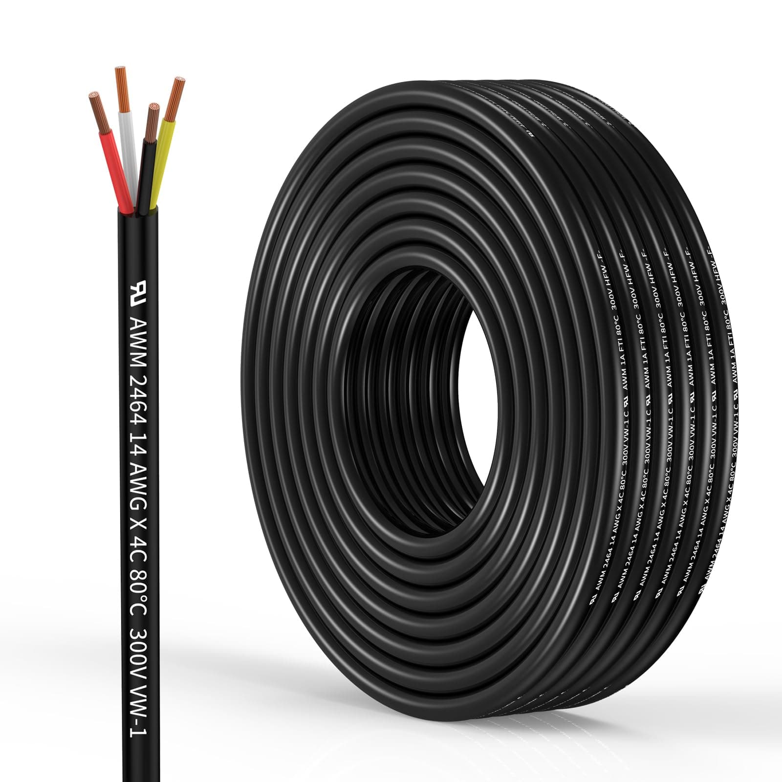 14 Gauge 4 Conductor Electrical Wire Oxygen-Free Copper Cable 25FT/7.7M Flexible Low Voltage Cable for LED Strips Lamps Lighting Residential Wiring car Circuit(14/4AWG-25FT)