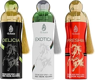 Al Nuaim Deo Pack of 3 - Delicia, Exotica & Freshia Alcohol-Free Long Lasting Body Sprays