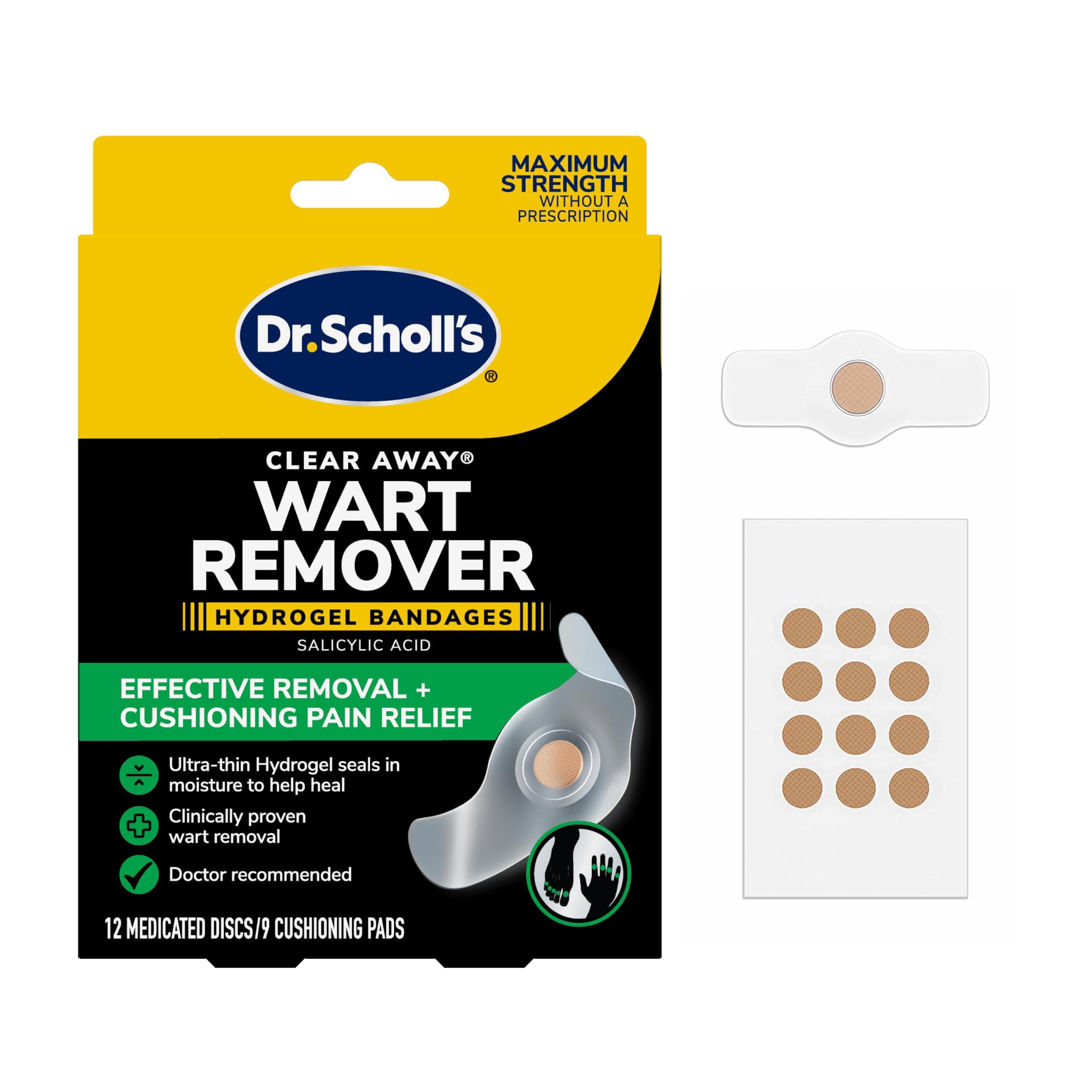 Dr Scholl's Clear Away WART Remover HYDROGEL Bandage // 12 Discs/9 Cushions, Clinically Proven, Immediate & All-Day Cushioning Pain Relief, Multi-Day Coverage, 12 Treatments