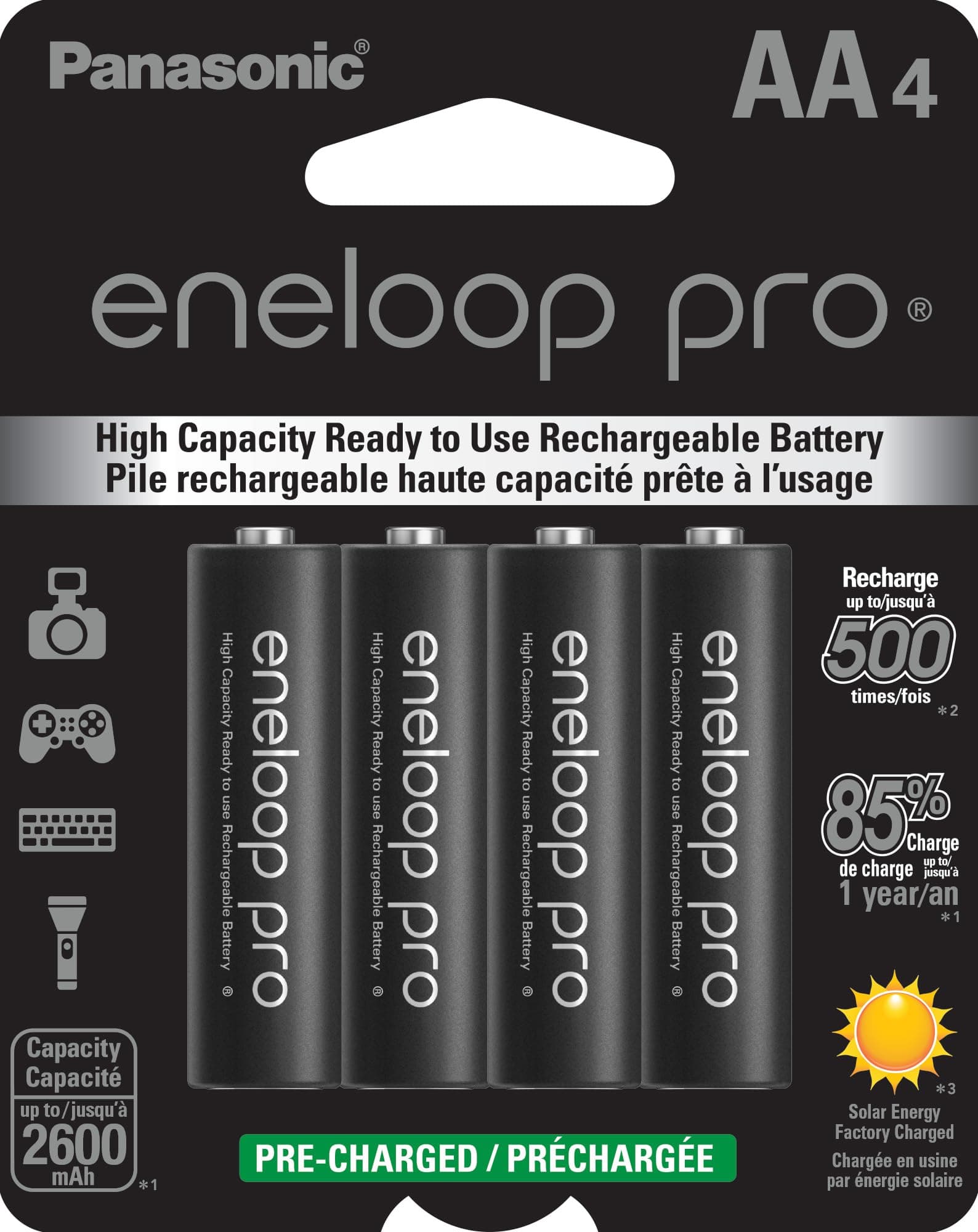 Panasonic BK-3HCCA4BA eneloop pro AA High-Capacity Ni-MH Pre-Charged Rechargeable Batteries, 4-Battery Pack