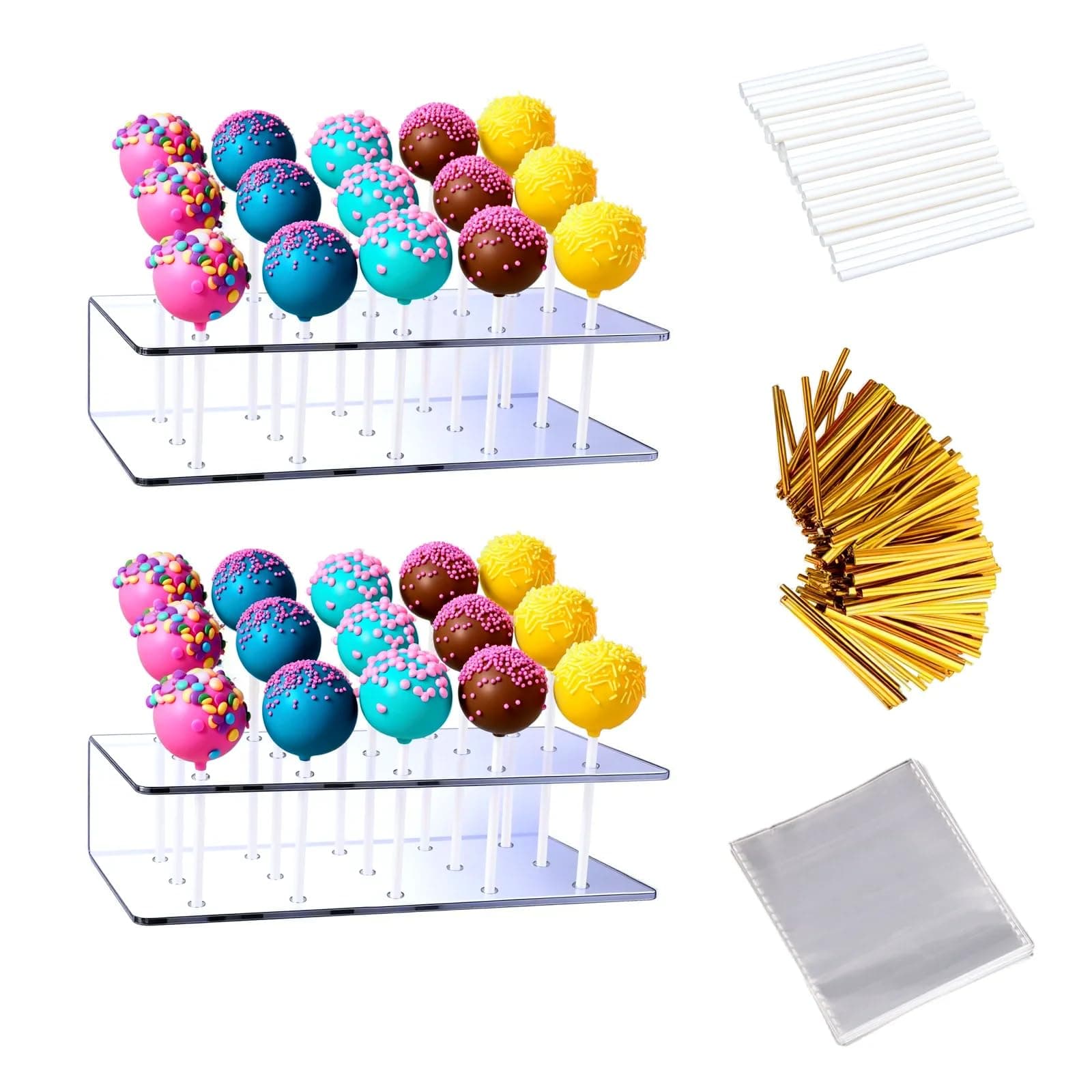 2PCS Cake Pop Display Stand with 300 PCS Cake Pop Sticks and Wrappers Kit, 15 Hole Clear Acrylic Lollipop Holder for Weddings Birthday Parties Halloween Candy Decorative