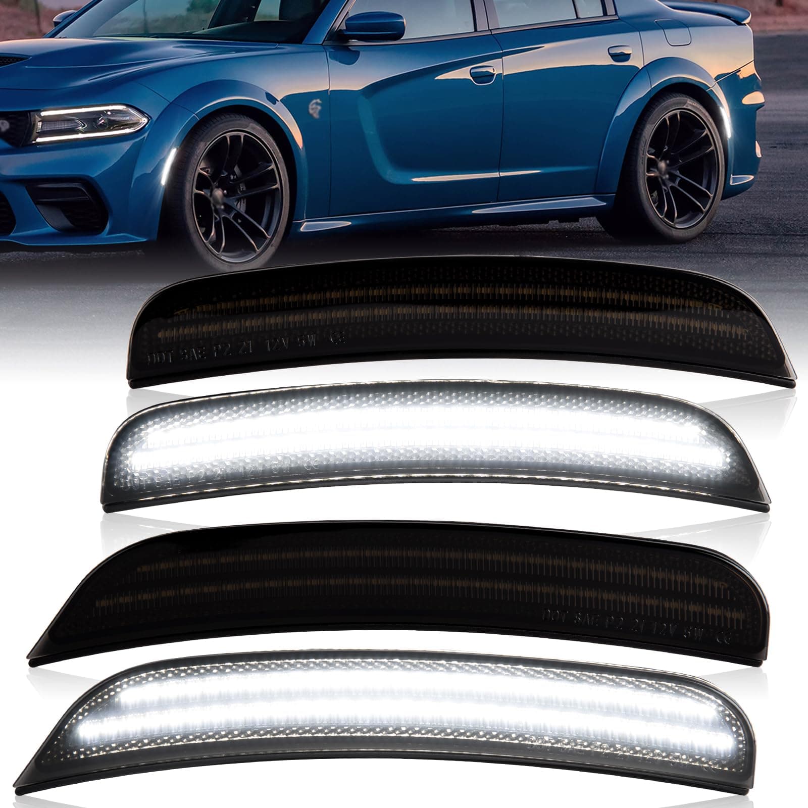 Gempro LED Side Marker Lights Compatible with Dodge Charger LD 2015-2023 Front Rear Bumper Marker Lamps Smoked Len, 4PCS (White Led)