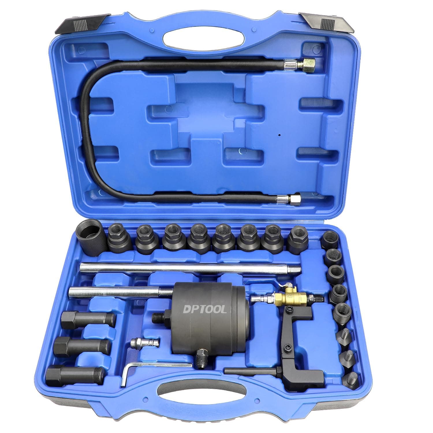 Universal Pneumatic Diesel Fuel Injector Puller Tool Kit 28pcs Injector Remover Extractor with Impact Air Tool Injector Puller Extension Rods Compatible with Benz for Bosch for Siemens Diesel Engine