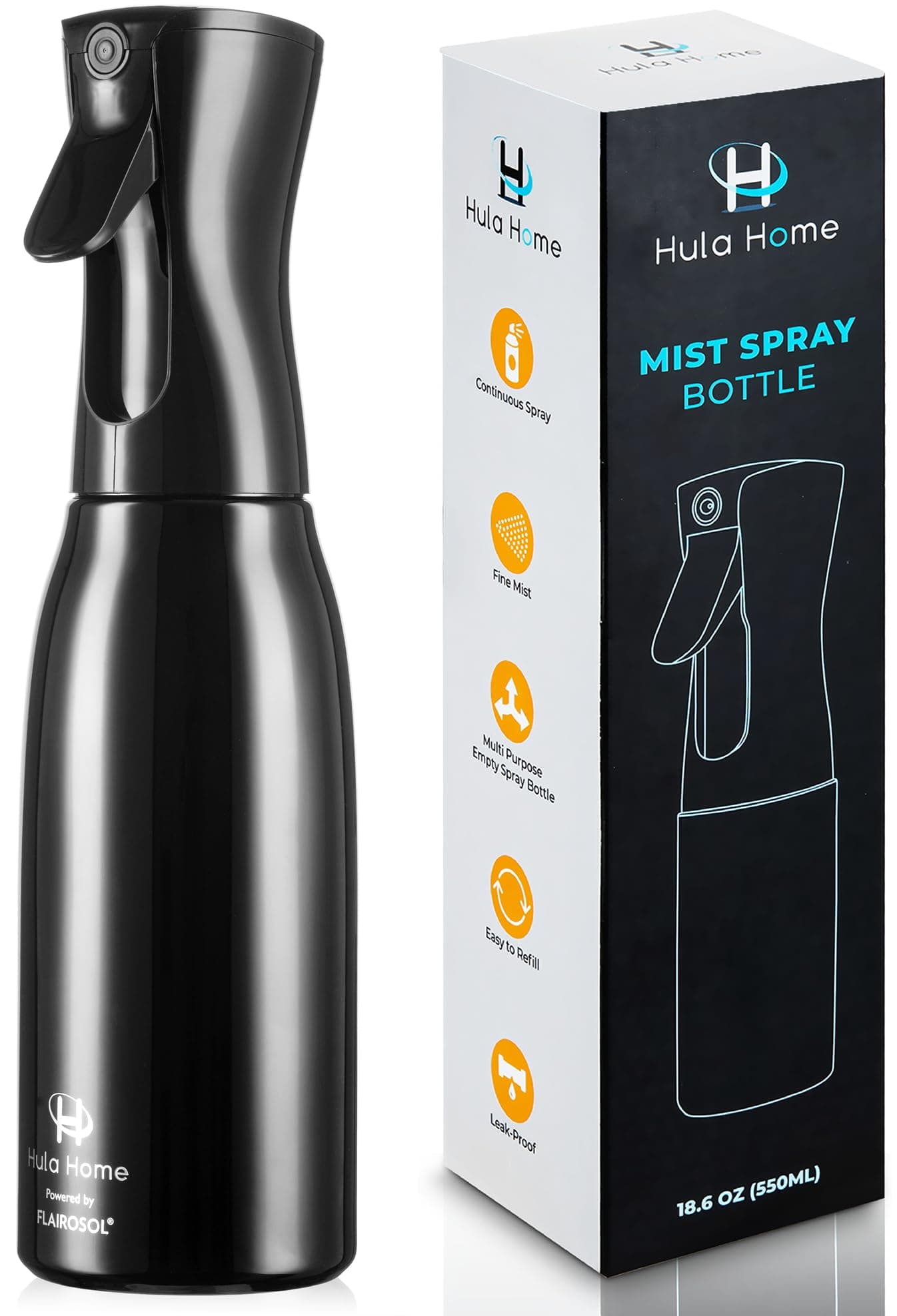 Hula Home Continuous Spray Bottle (16.9oz/500ml) Empty Ultra Fine Plastic Water Mist Sprayer – For Hairstyling, Cleaning, Salons, Plants, Essential Oil Scents & More - Black