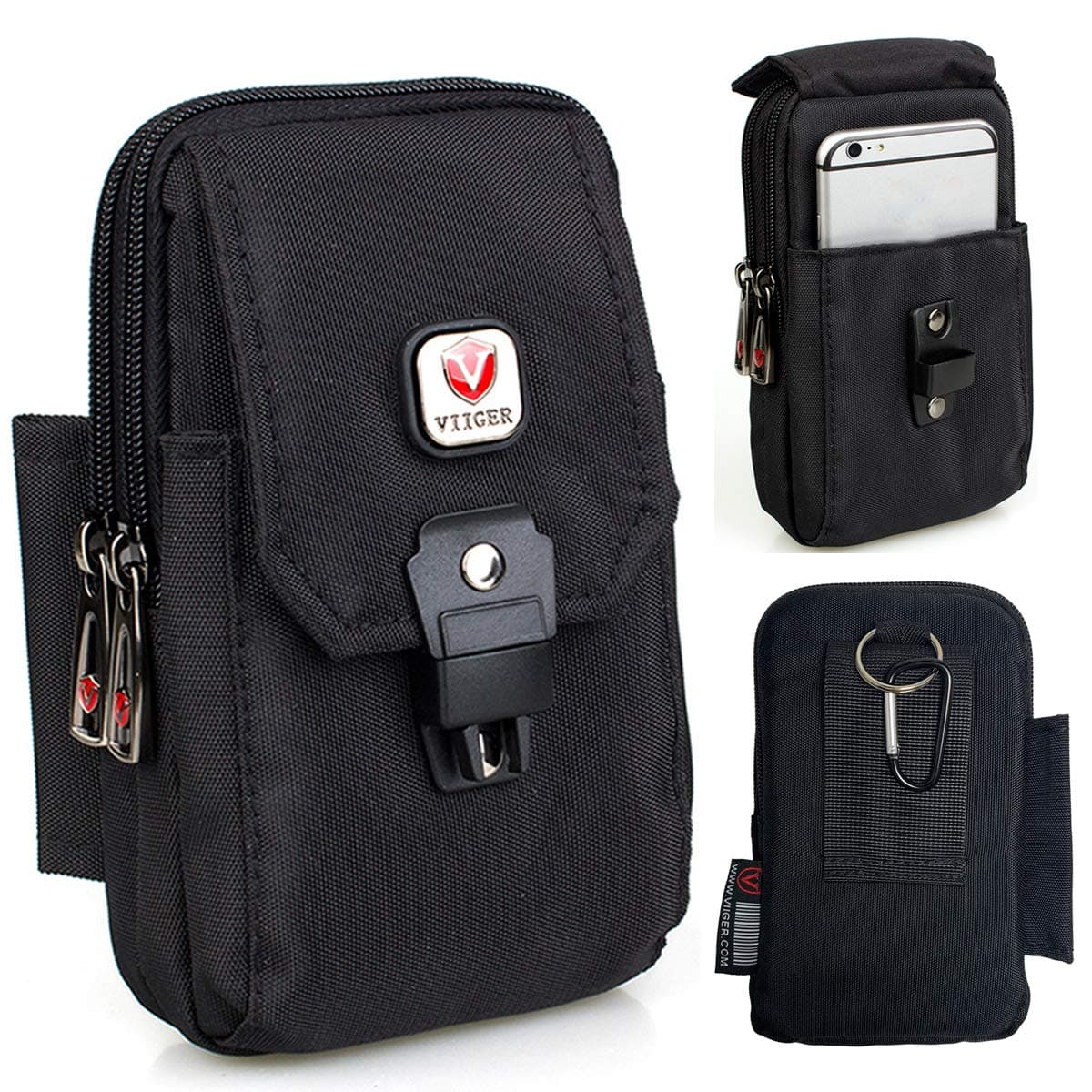 Large Multi-Purpose Nylon Cell Phone Belt Holster for iPhone 17 Pro Max Case 16 Pro Max Galaxy S25 Ultra S24 Ultra Universal Dual Smartphone Pouch with Belt Loop Clip for Men for 2 Mobile Phones black