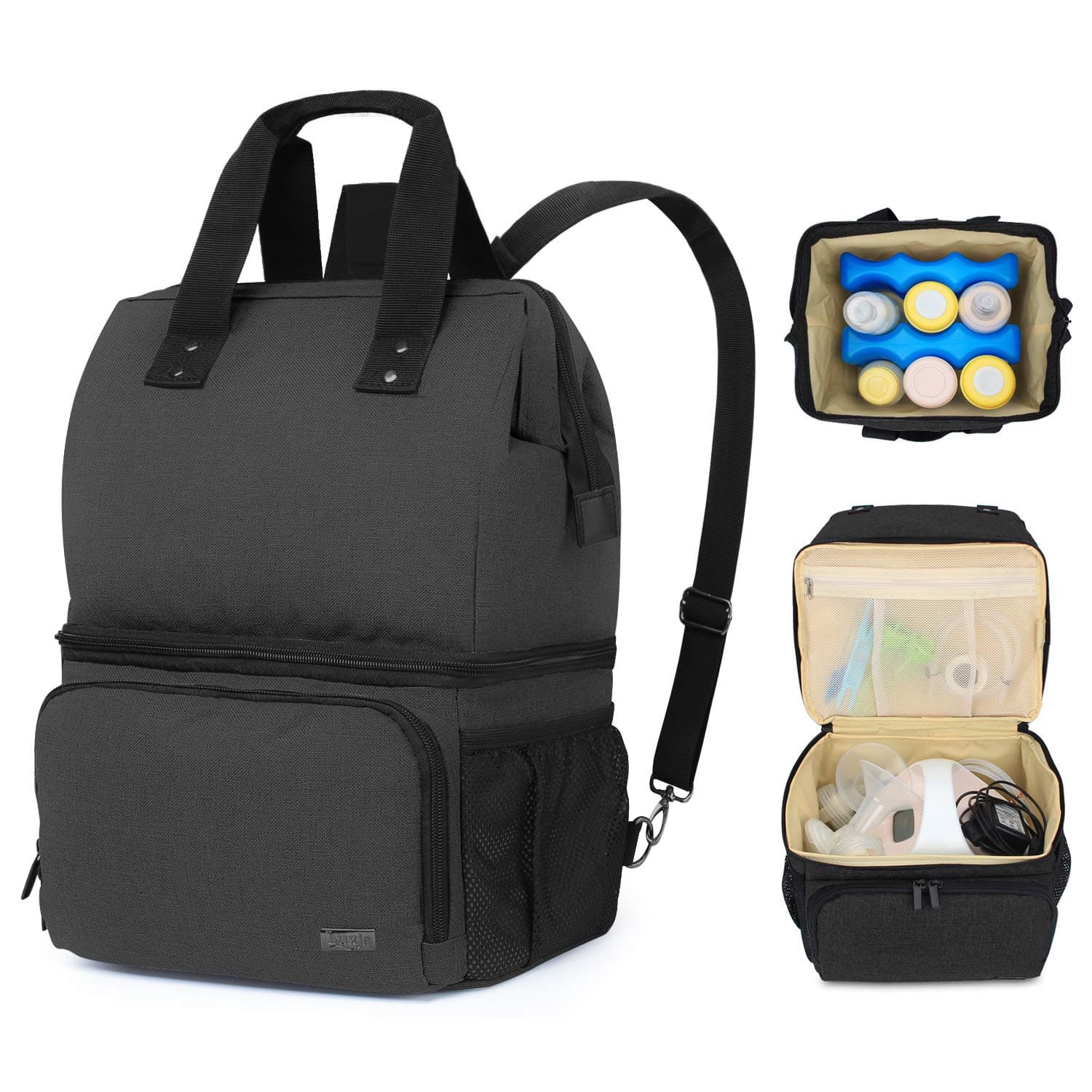 LUXJA (Breast Pump Backpack, Black) - Breast Pump Bag with 2 Compartments for Breast Pump and Cooler Bag, Breast Pumping Bag with 2 Options for Wearing (Fits Most Major Breast Pump), Black
