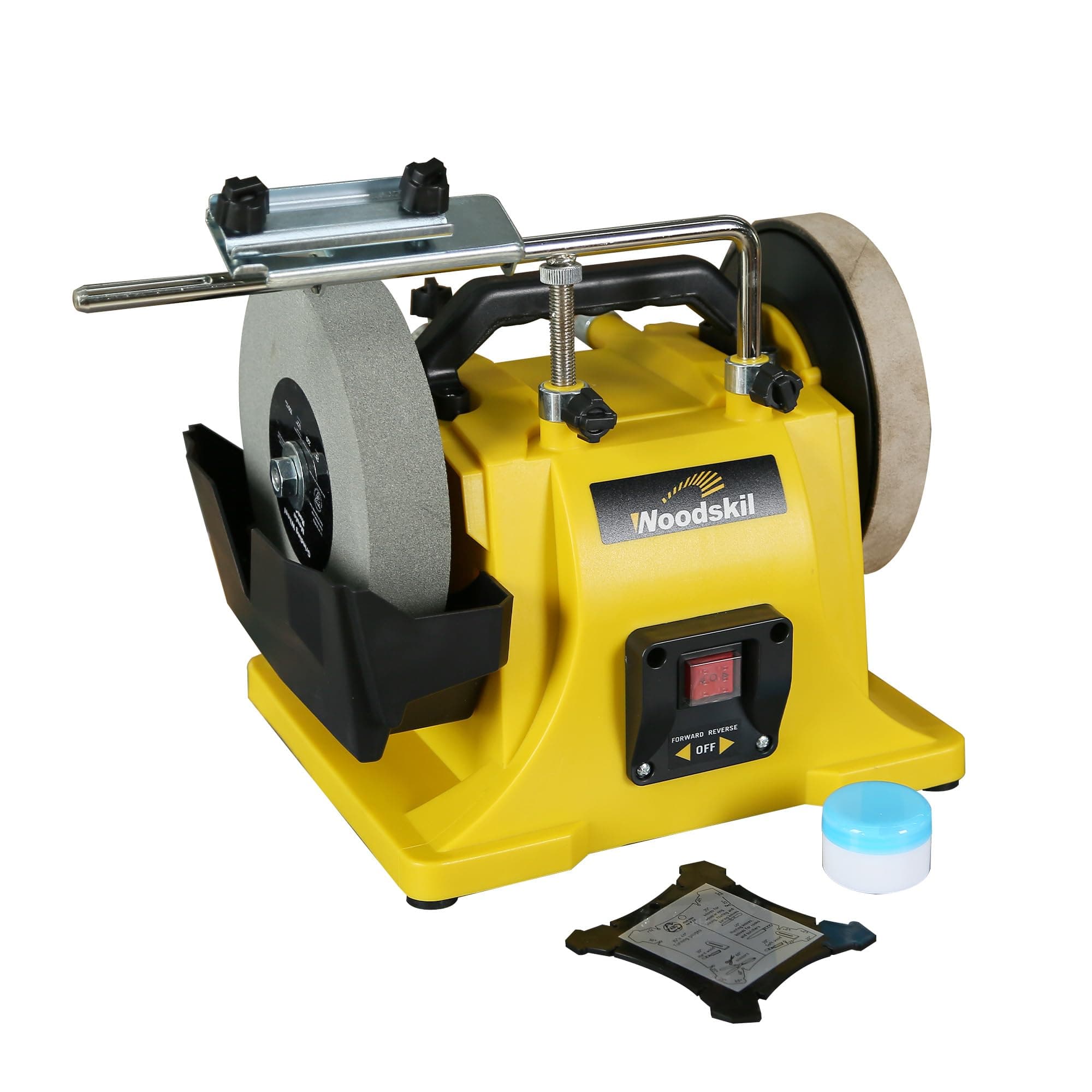 8" Low Speed Wet Sharpening System,1.1Amp Water Cooled sharpening machine with leather stropping wheel, 220 grit wheel, 135 RPM Wet Sharpener & Grinder for knives, blades, and chisels