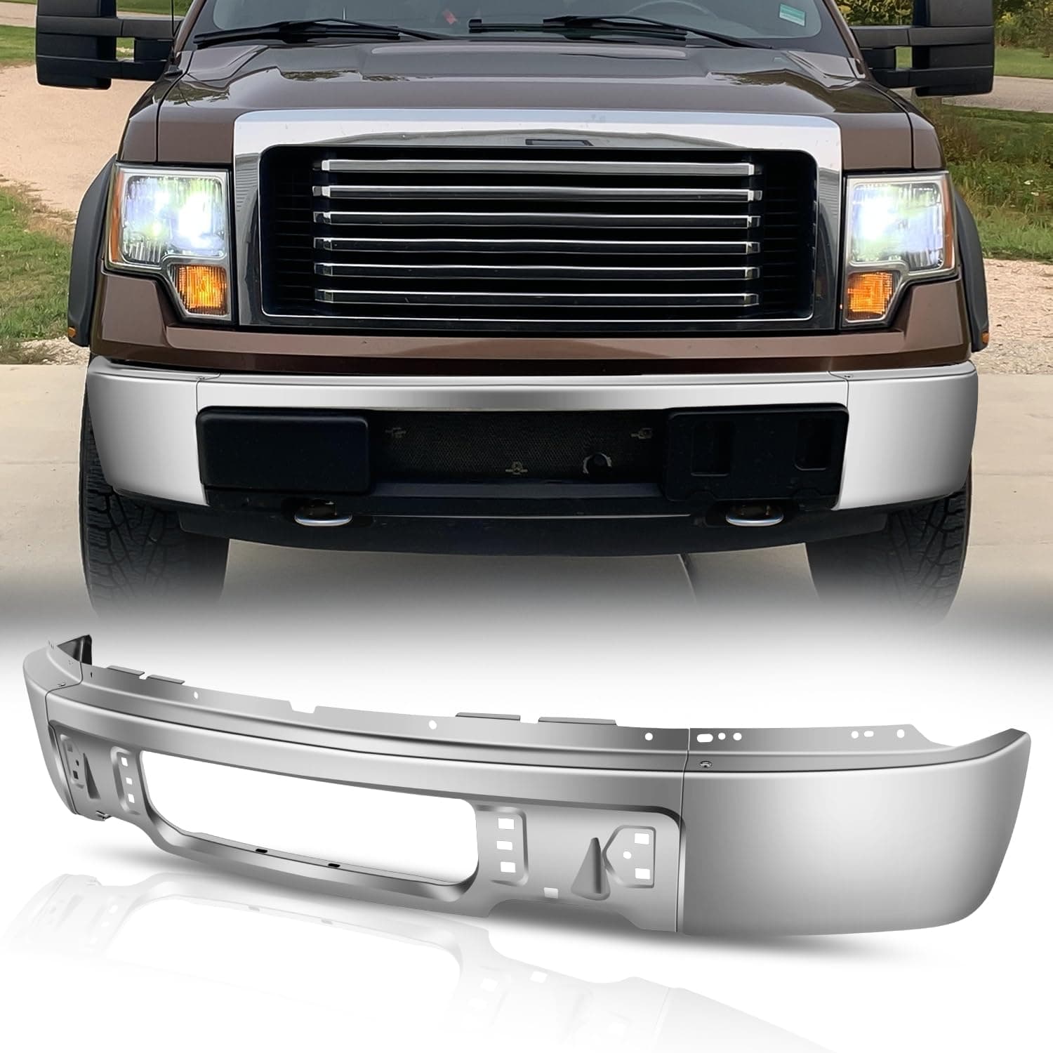 Auto Dynasty Front Bumper Impact Face Bar Compatible with 2009-2014 Ford F-150, Non Fog Light Cutout, Polished Chrome