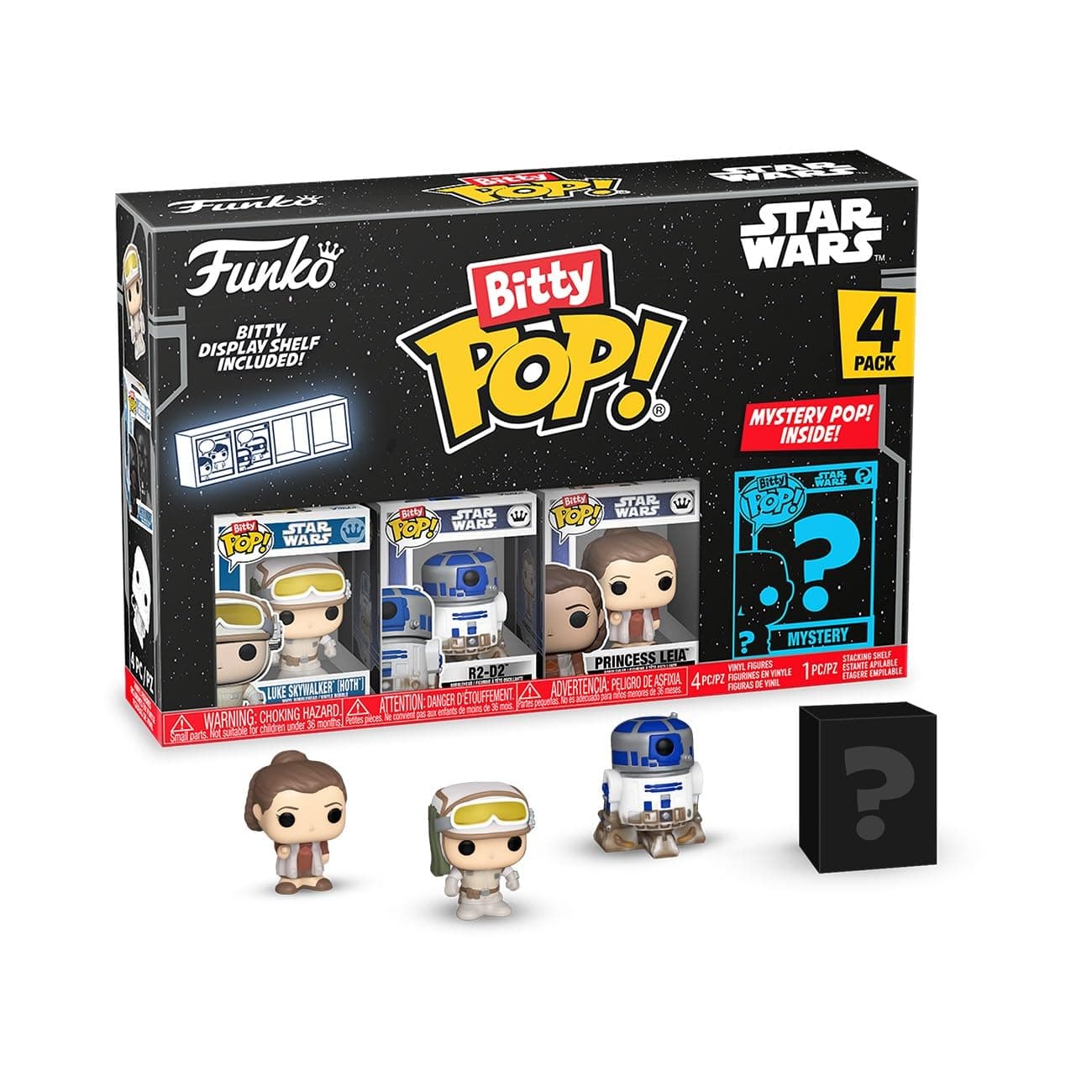 Bitty Pop! Star Wars - Luke Skywalker (Hoth), R2-D2, Chewbacca, & A Surprise Mystery Figure - 0.9 Inch (2.2 Cm) Collectable - Stackable Display Shelf Included - Gift Idea - Cake Topper