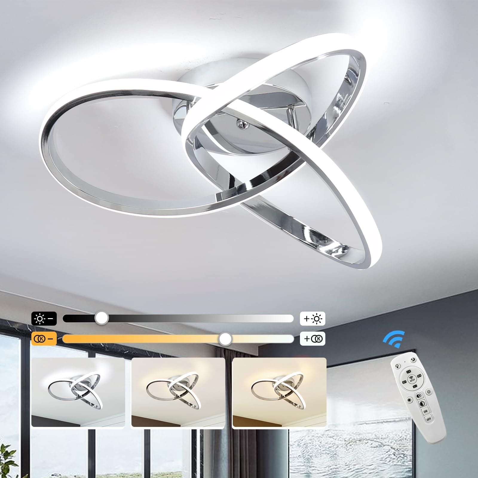 Led Ceiling Light Dimmable, Modern Led Ceiling Lamp with Remote Control, Minimalist Chrome Ceiling Lights for Bedroom Kitchen LivingRoom Dining Office Hallway - 42W, Silver, 40cm, 3000K-6000K