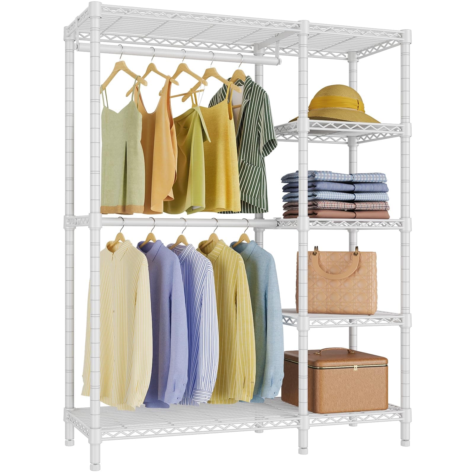 VIPEKV7 Basic Garment Rack for Hanging Clothes Heavy Duty Clothes Rack with Shelves, Portable Closet Rack Metal Clothing Rack 5 Tiers Freestanding Closet Wardrobe System, Max Load 620lbs, White