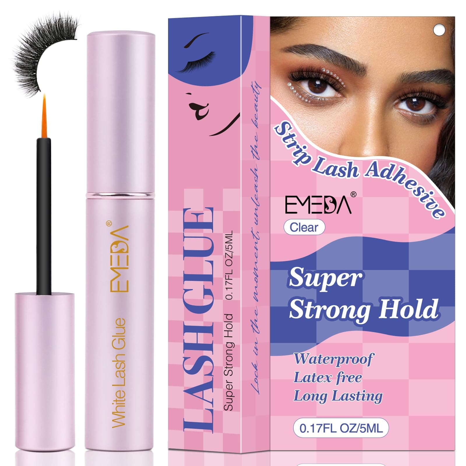 EMEDA False Eyelash Glue Super Strong Hold 24H Face Glue for Gems Glitter Makeup Clear Strong Hold Water Proof Latex Free Long Lasing Quick Dry Pegamento De Pestaas White Strip Adhesive 5ml 0.17oz