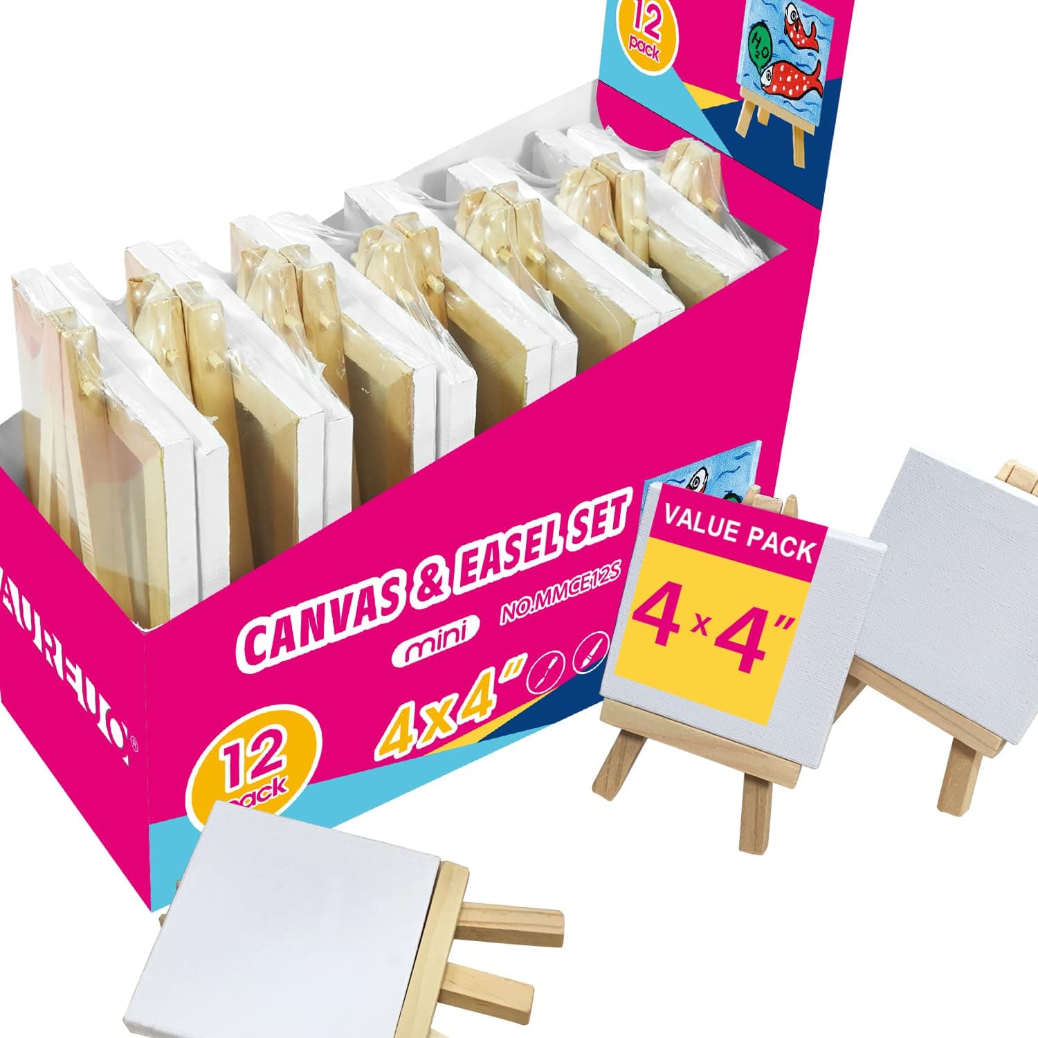 AUREUO Mini Canvas and Easel Set - 4x4 Inch/ 12 Pack - 2/5 Inch Profile Small Square Canvas with Display Stand - Art Gift Set Bulk Pack Canvases for Acrylic Painting & Craft