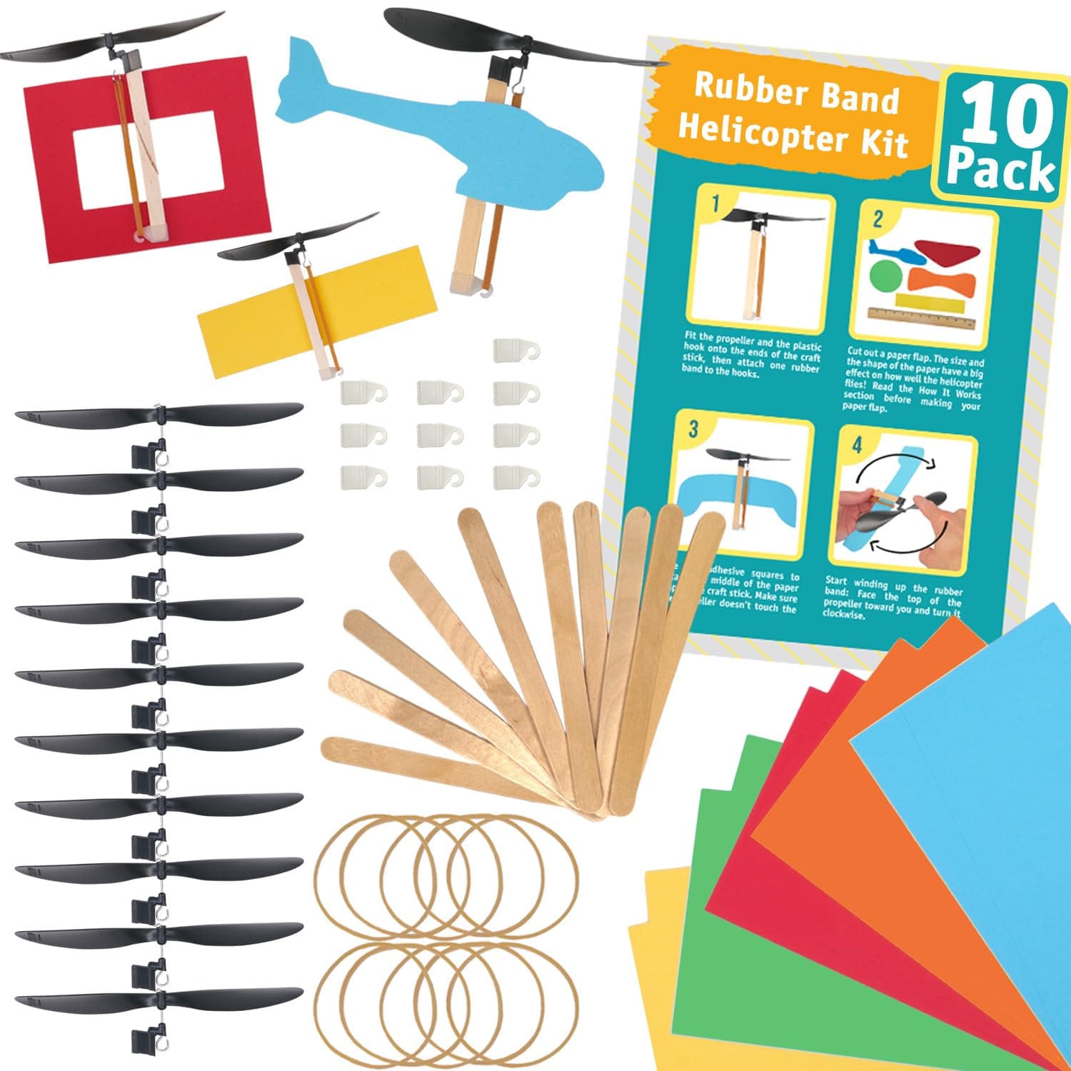 Rubber Band Helicopter Kit – 10-Pack - DIY STEM Craft Project for Kids - Build Your Own Rubberband Flying Toy