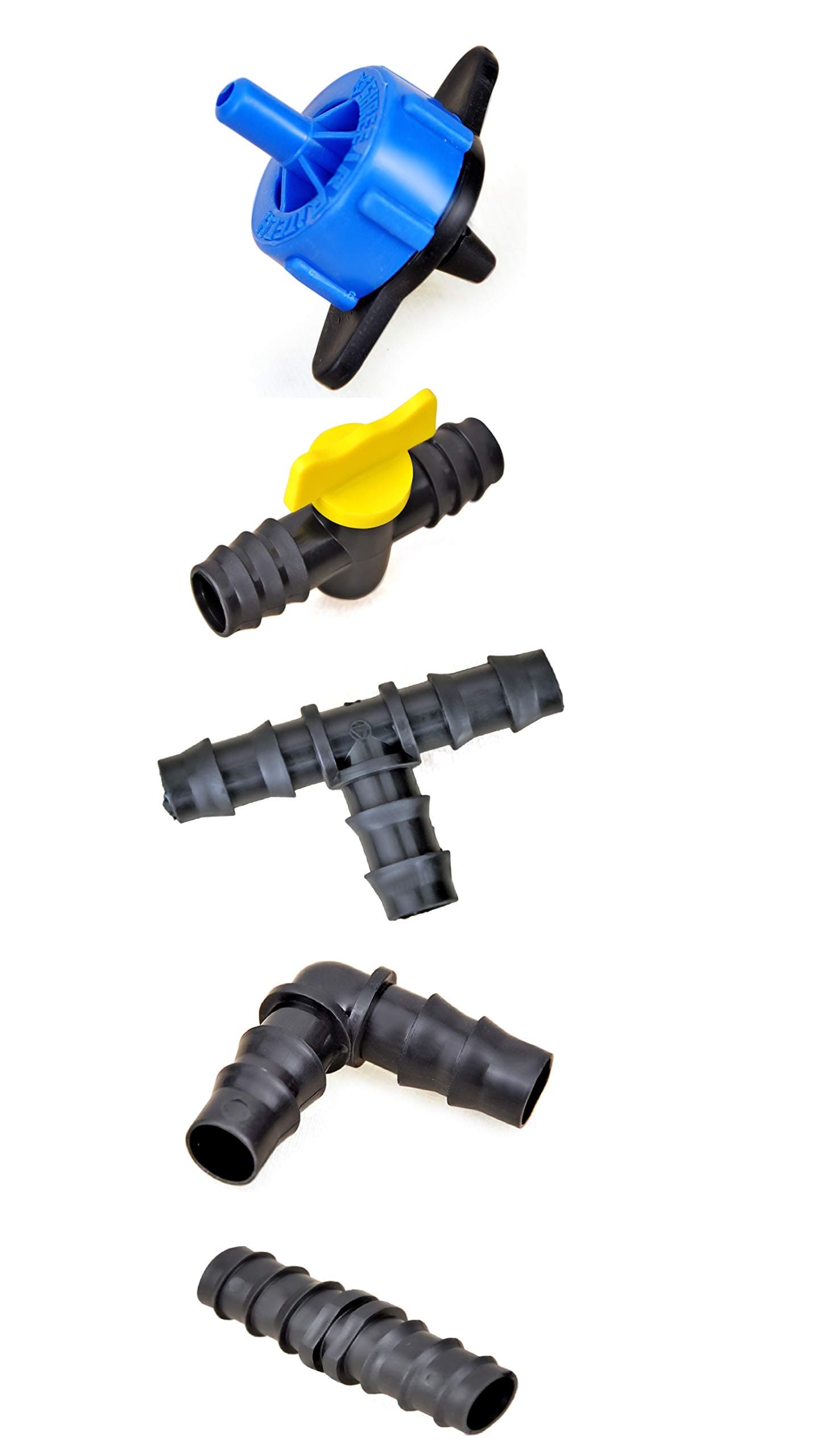 Rainflow Drip Irrigation Accessories Combo for 50 plants-Dripper-50, Elbow-10, Tee-10, Straight Connector with tap-10, Straight joiner-10; Size: 16mm