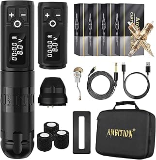 Ambition Soldier Wireless Tattoo Machine Kit Complete Rotary Coreless Motor Tattoo Pen Kit with Extra 2400mAh Battery 80pcs Premium Mixed Size Cartridge Needles Supply for Professional Tattoo Artist