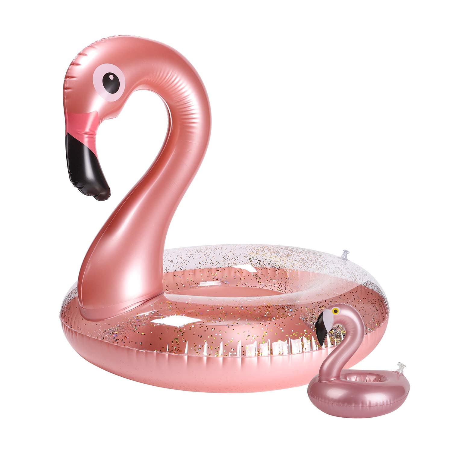 2Pack Summer Inflatable Flamingo Pool Float Drink Holder Set Elegant Vinyl Swimming Floaty Pool Toy with Glitters Outdoor Water Lounge Inflatable Raft with Floating Coasters for Adult Kid